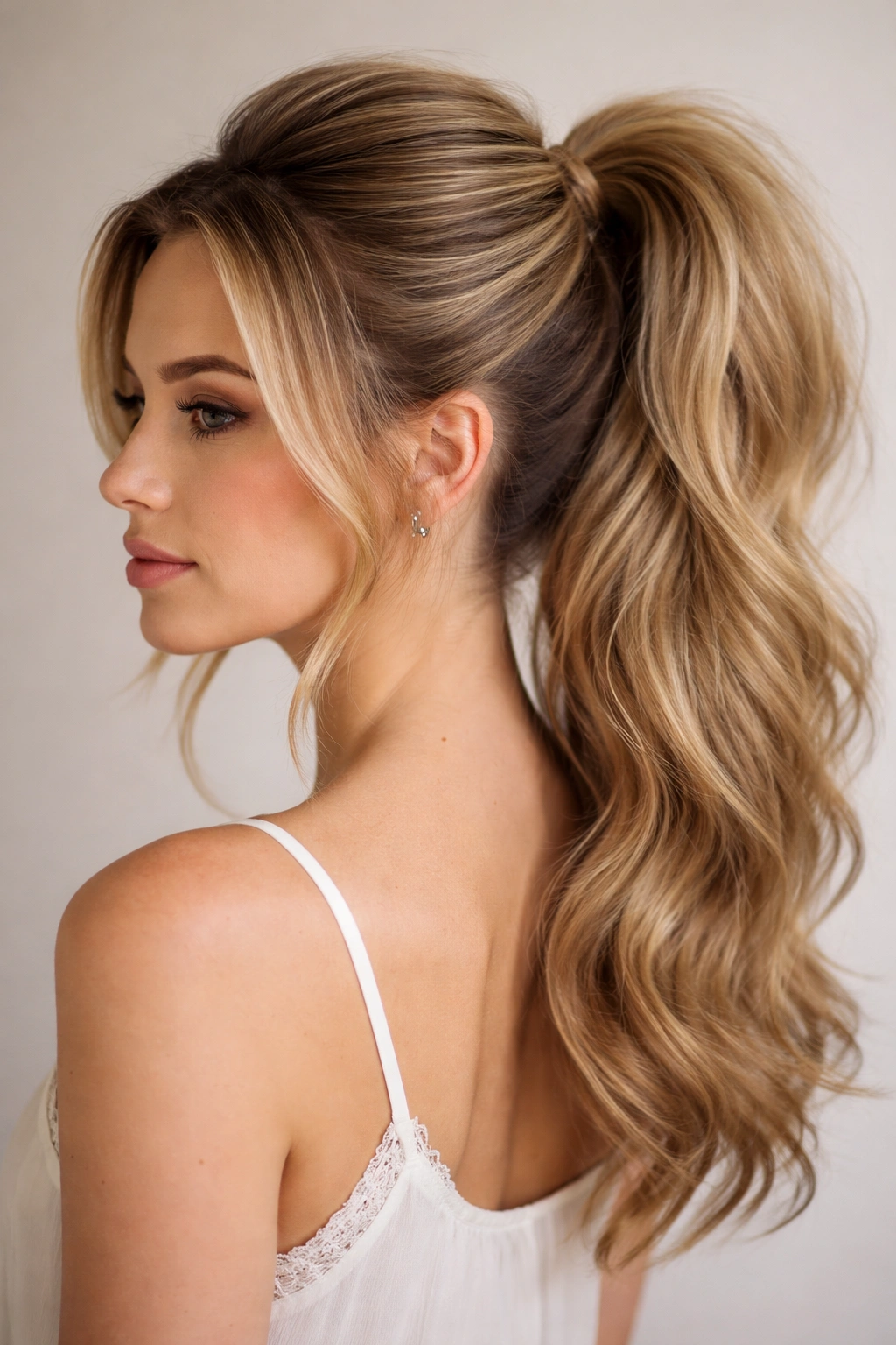 Model with a high-volume mid-ponytail achieved by crown teasing
