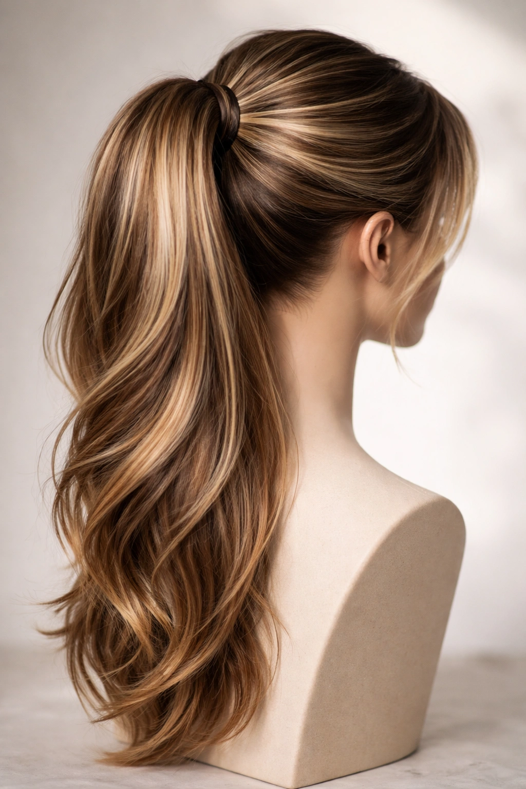 Close-up of a ponytail showing highlights and dimensional color variation