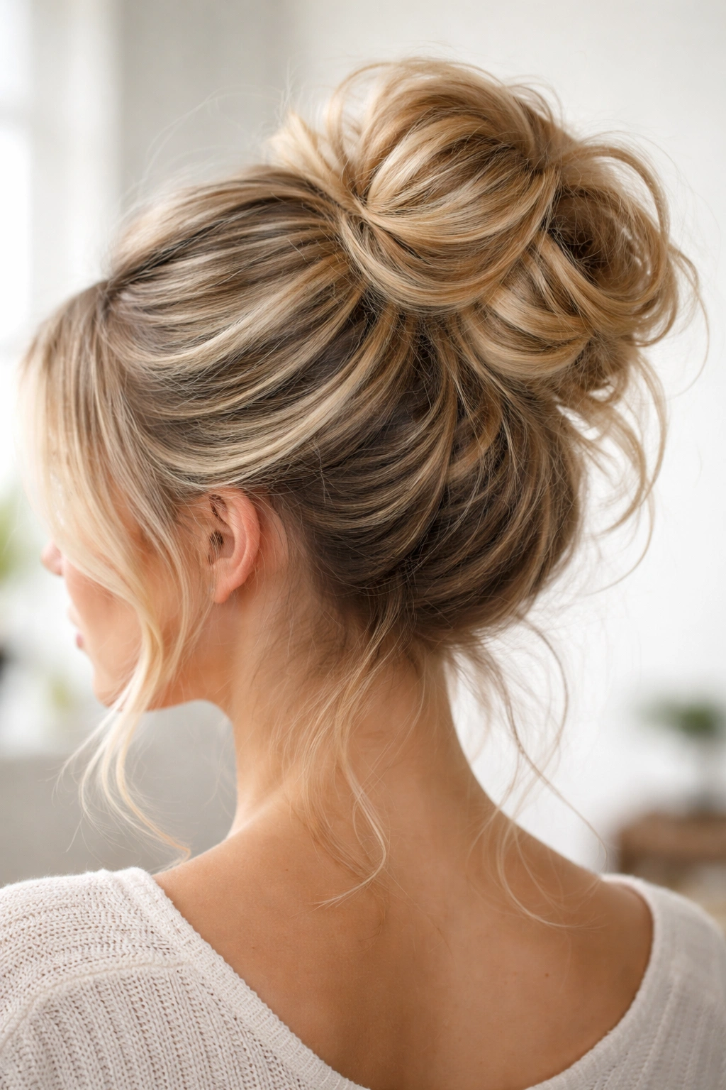 Blonde hair with highlighted textured messy bun showing color variation
