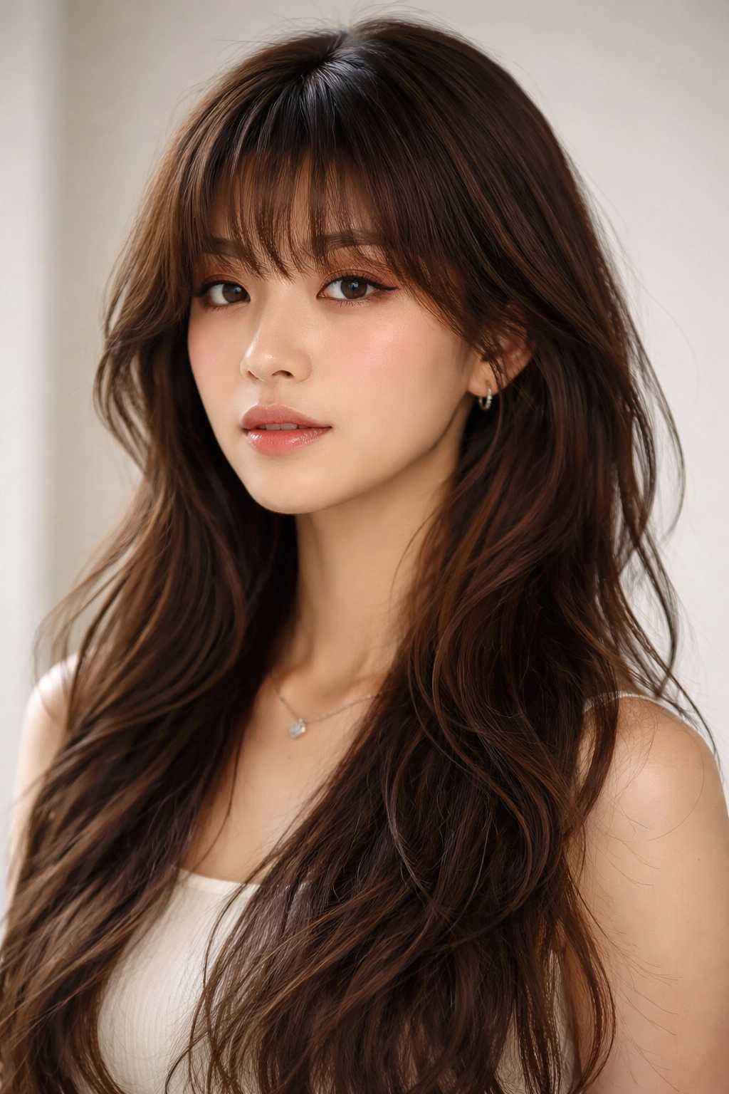 Close-up of textured wavy fringe on a hime-cut hairstyle with long side locks