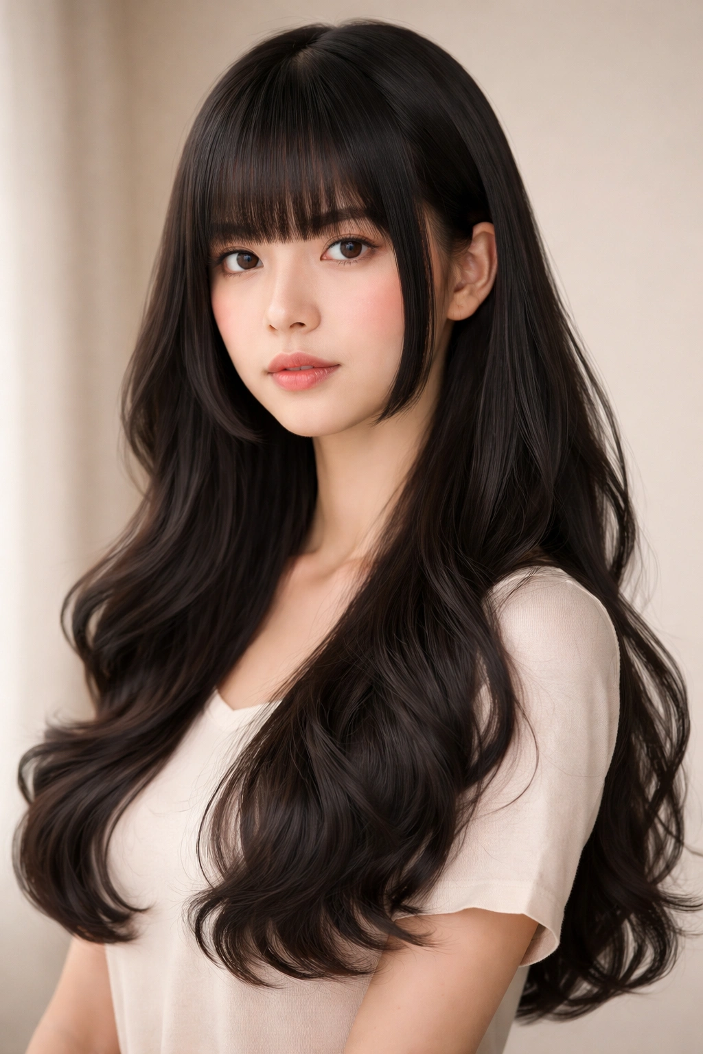 Classic hime cut with gentle waves, face-framing side locks and blunt fringe