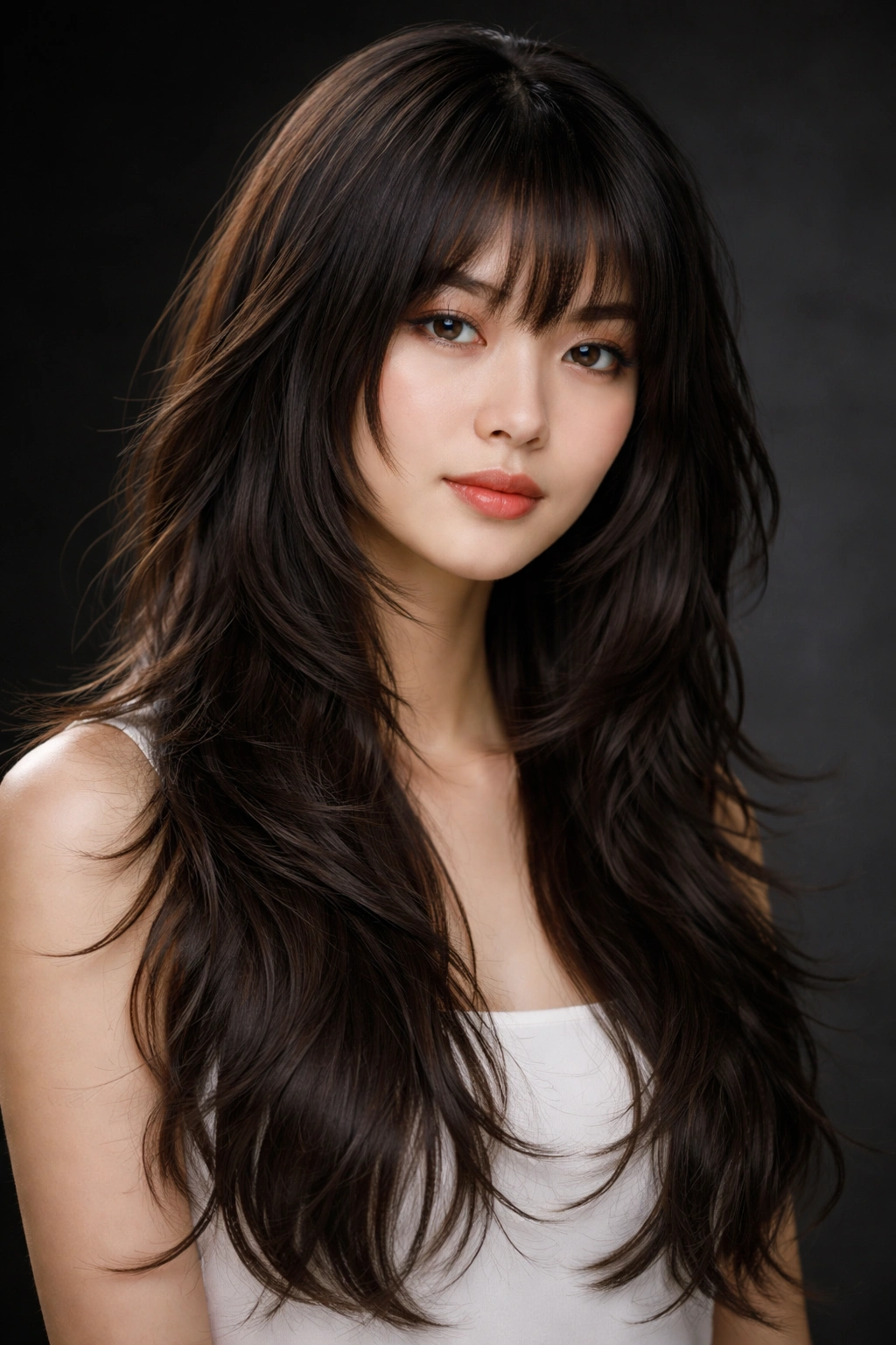 Shaggy layered wavy hime cut with feathered edges and side locks