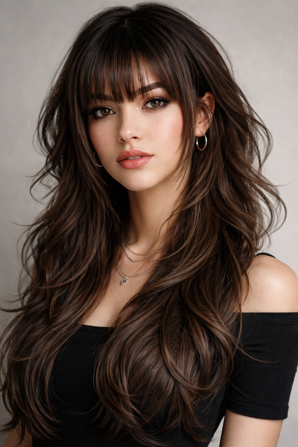 Head-and-shoulders portrait of a modern wolf-hime hybrid with layered waves