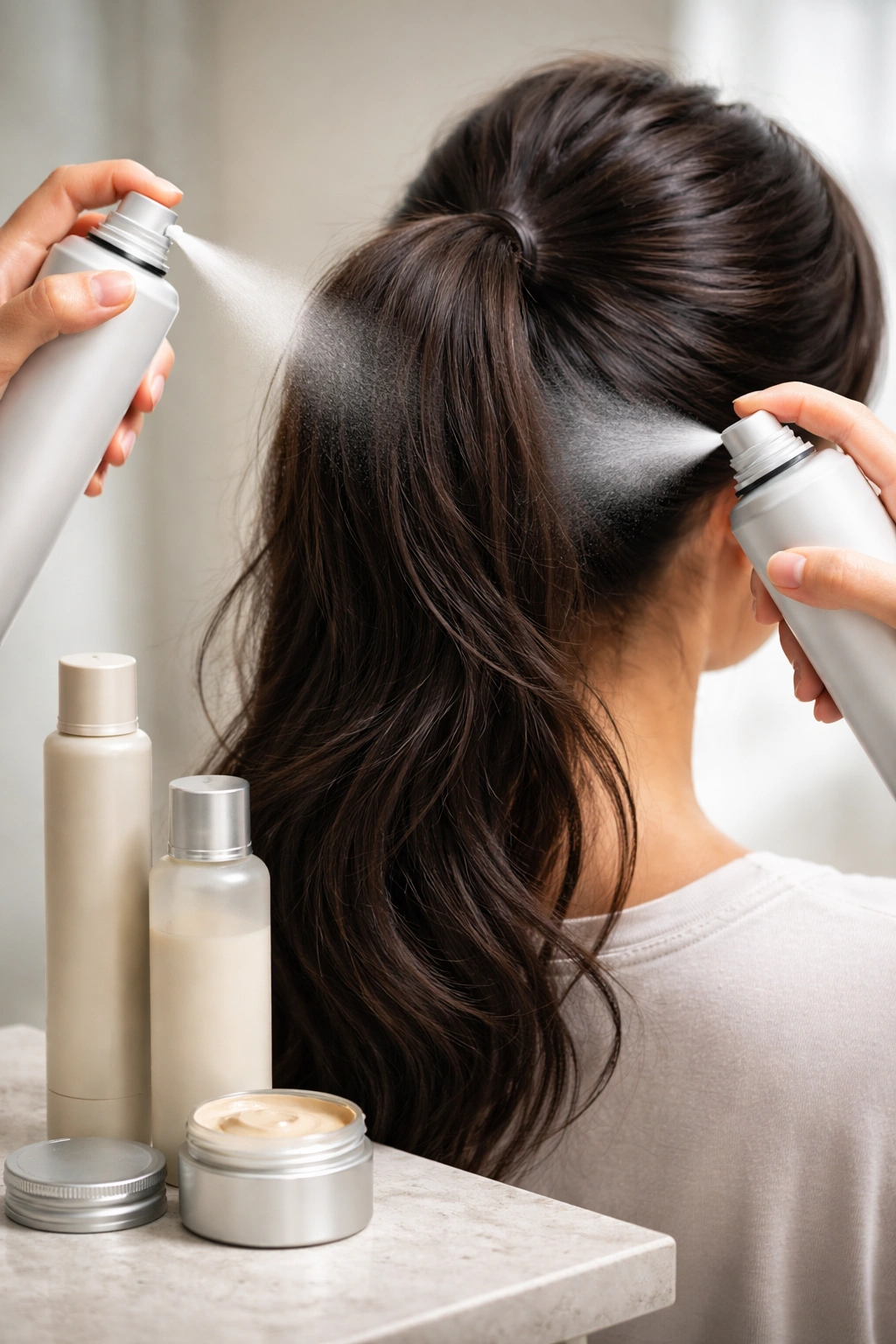 Hair with lightweight texture spray and dry shampoo applied to ponytail emphasizing grip