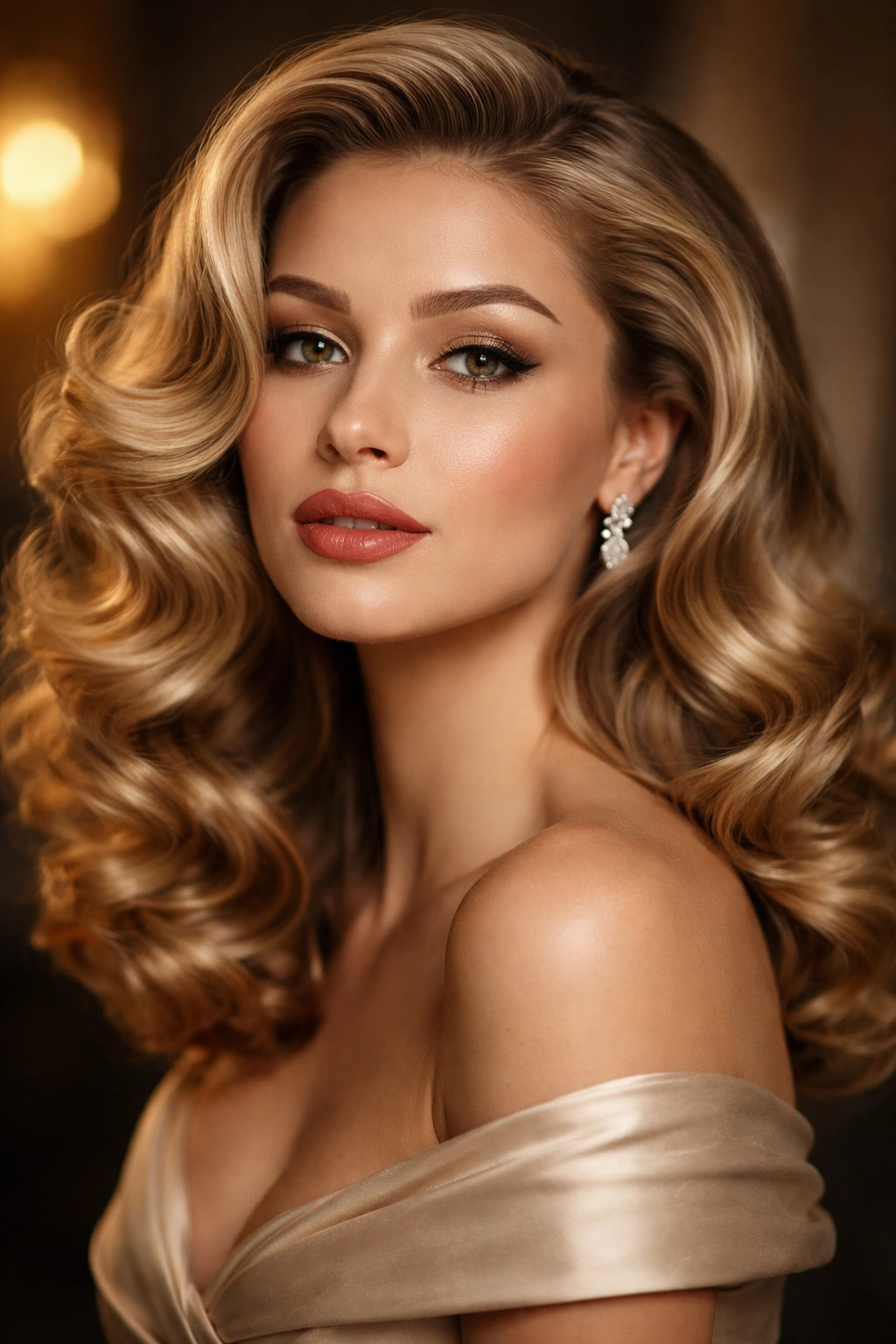 Portrait of woman with large loose Hollywood curls under warm studio light