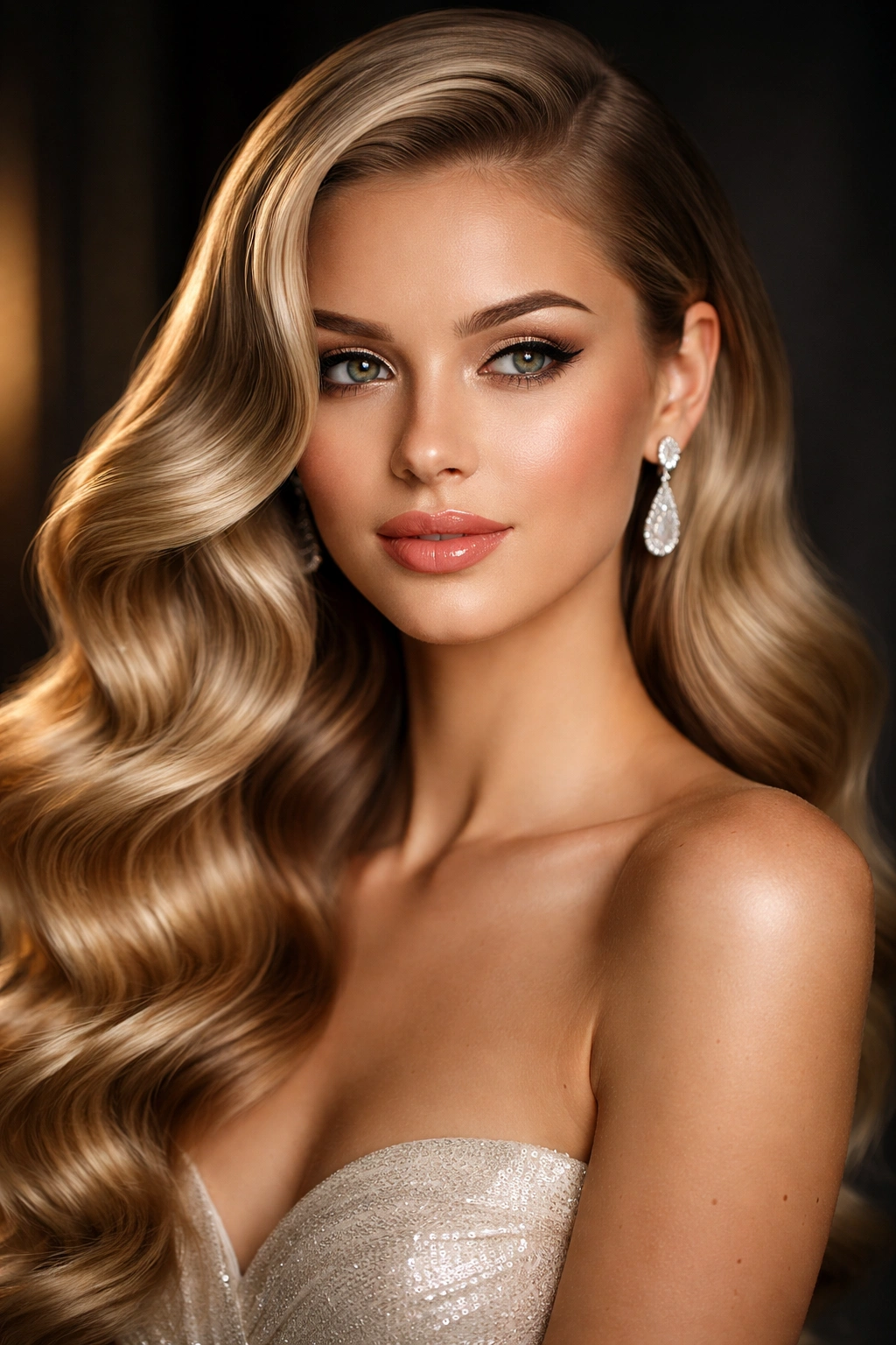 Glossy, sculpted Hollywood-style waves on a poised prom look