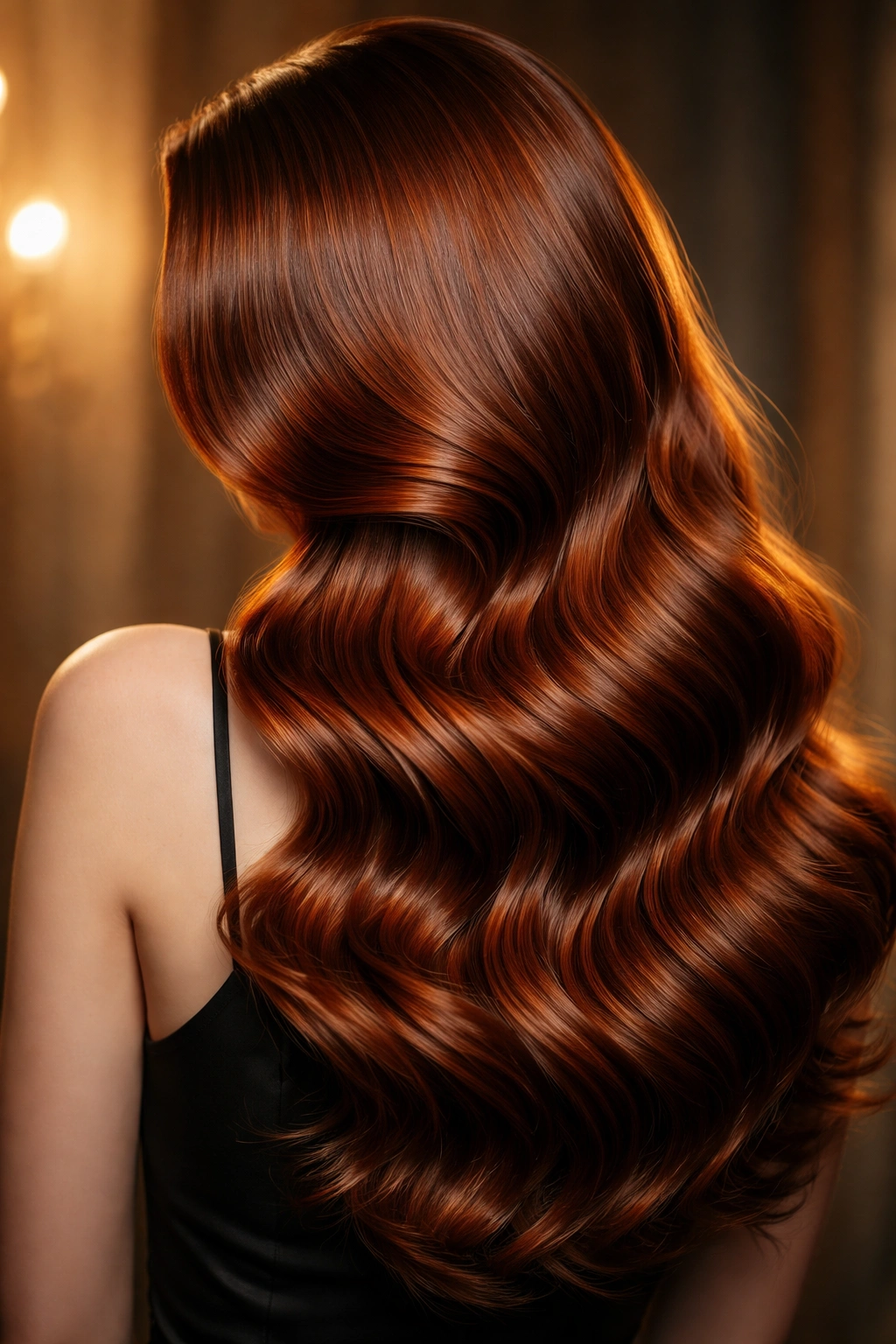 Long auburn Hollywood waves with a dramatic side part