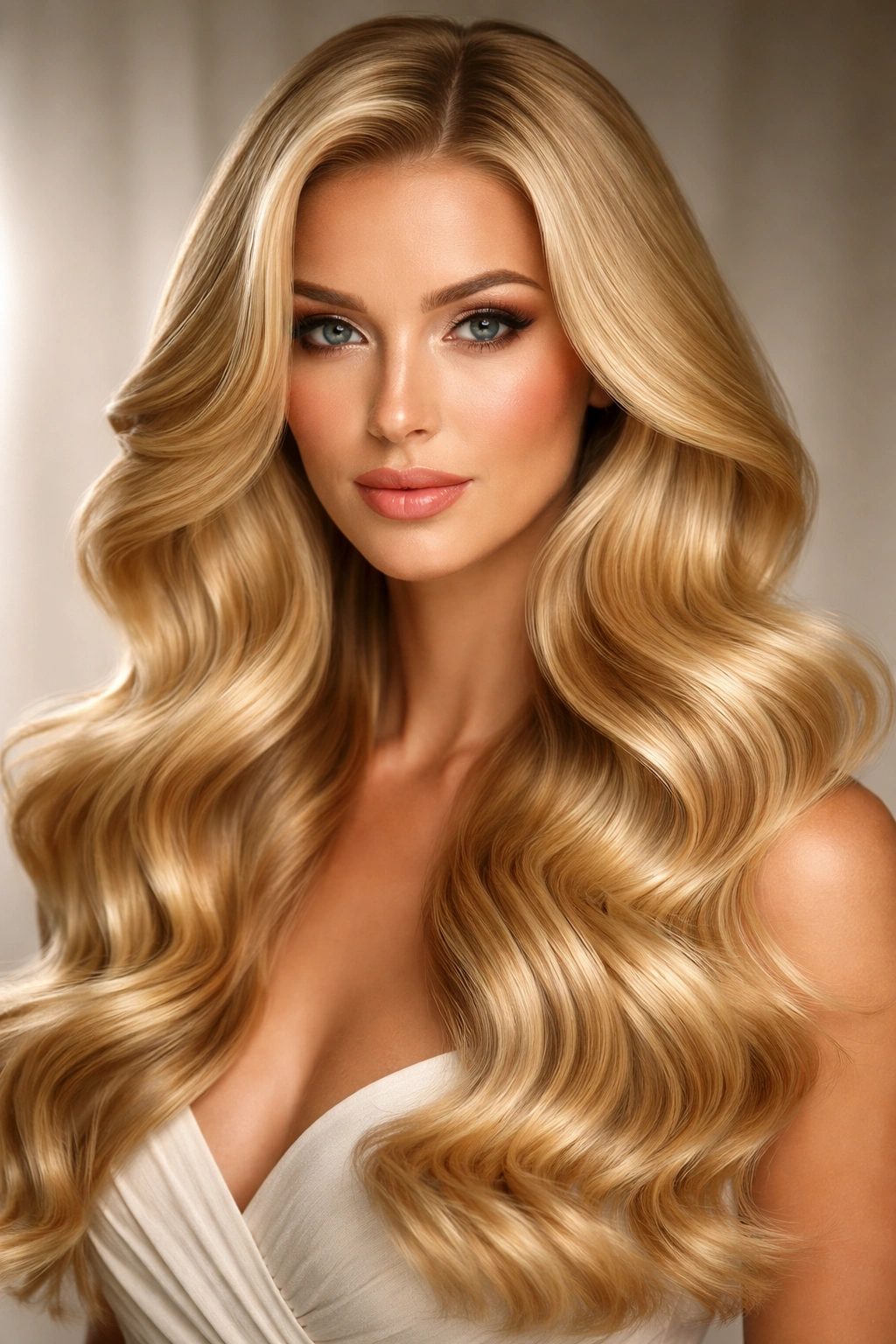 Long blonde hair with loose Hollywood waves and high shine.
