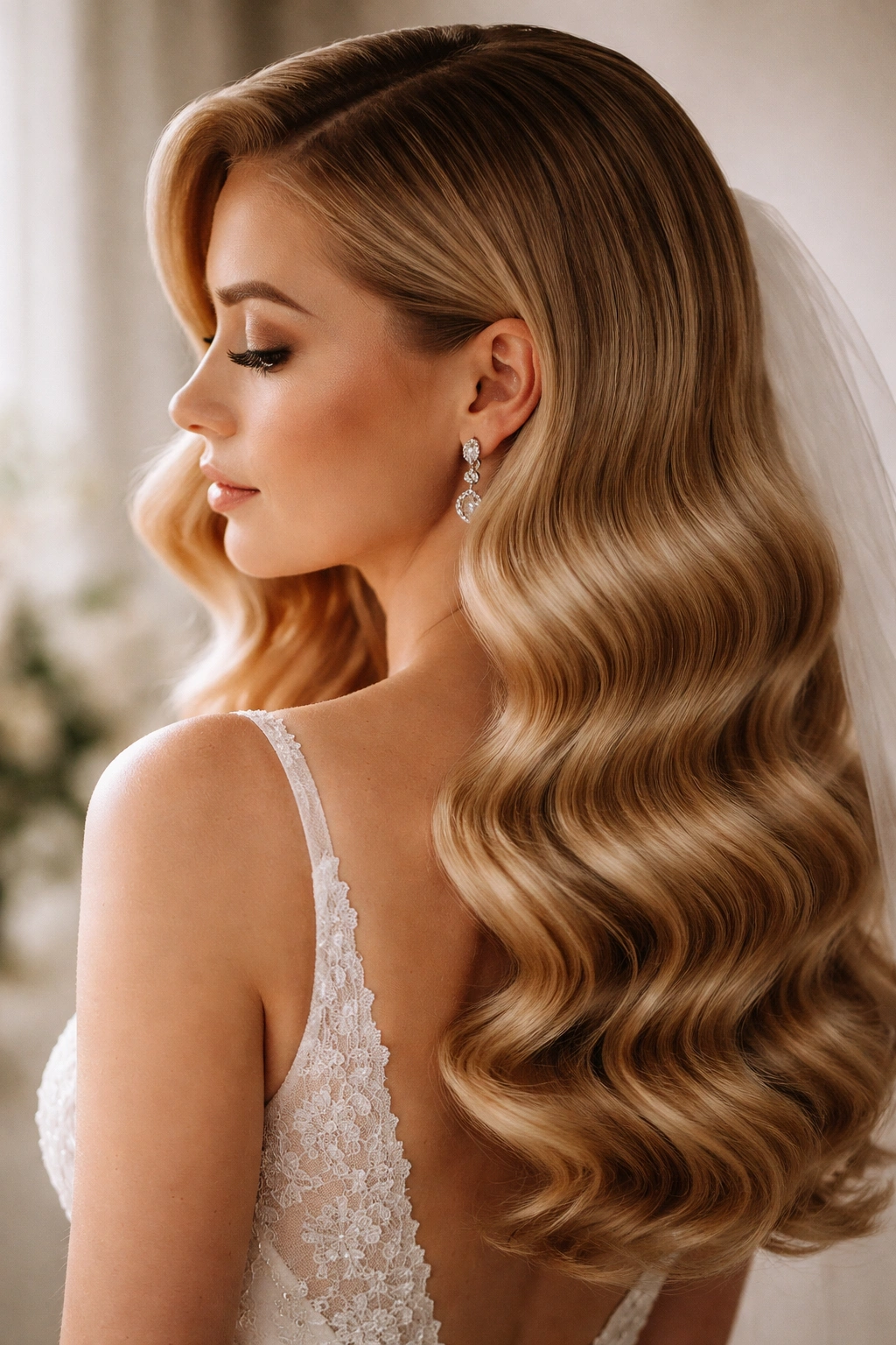 Close-up of glossy, structured Hollywood waves on bridal hairstyle from side profile