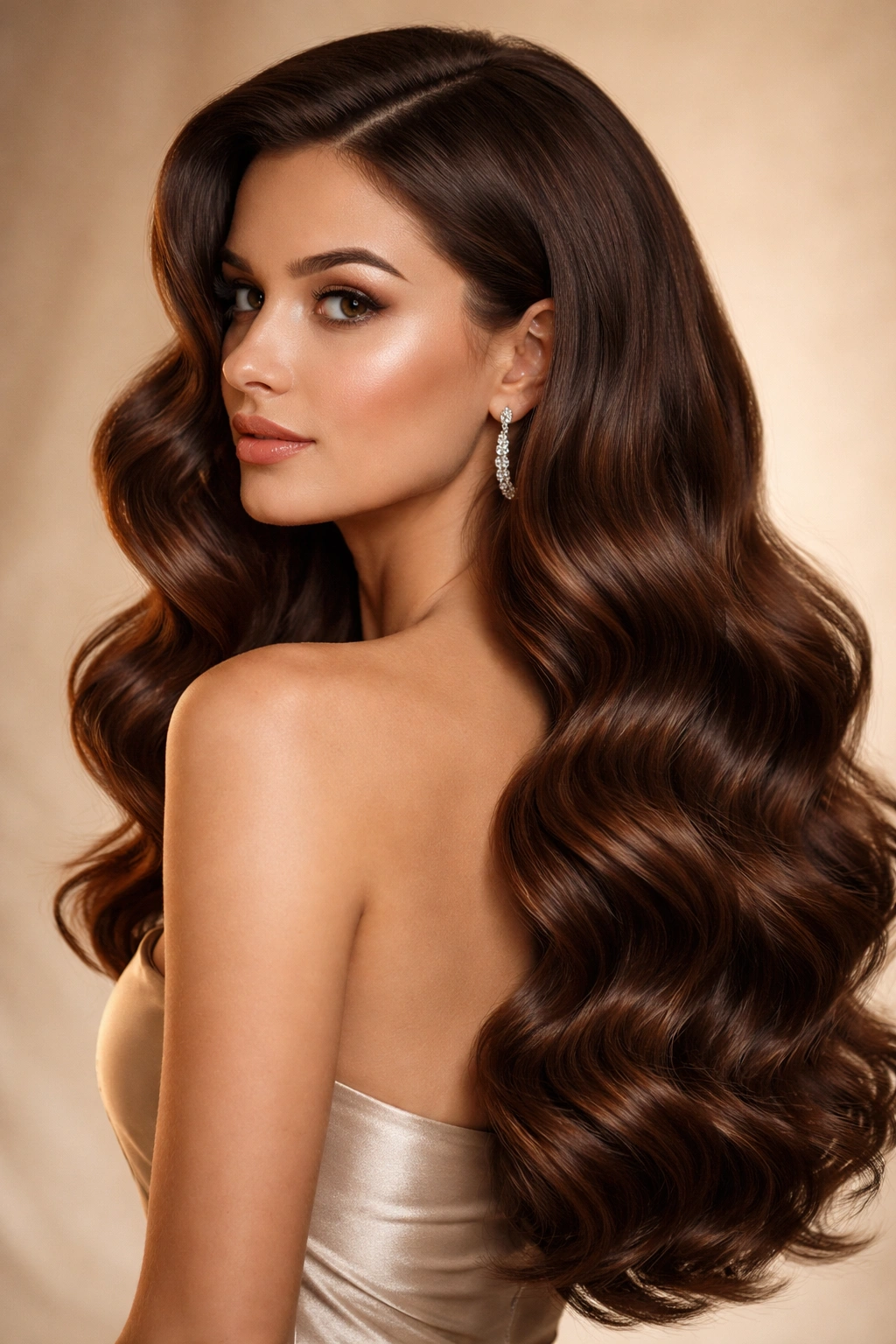 Brunette hair with glossy Hollywood waves