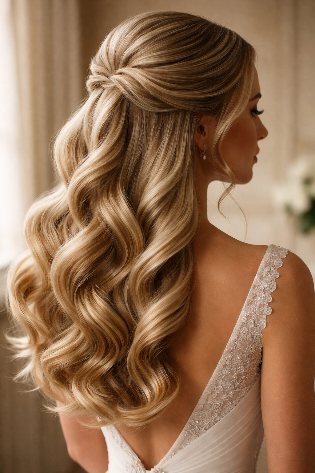 Half-up hairstyle with Hollywood waves and pinned top section