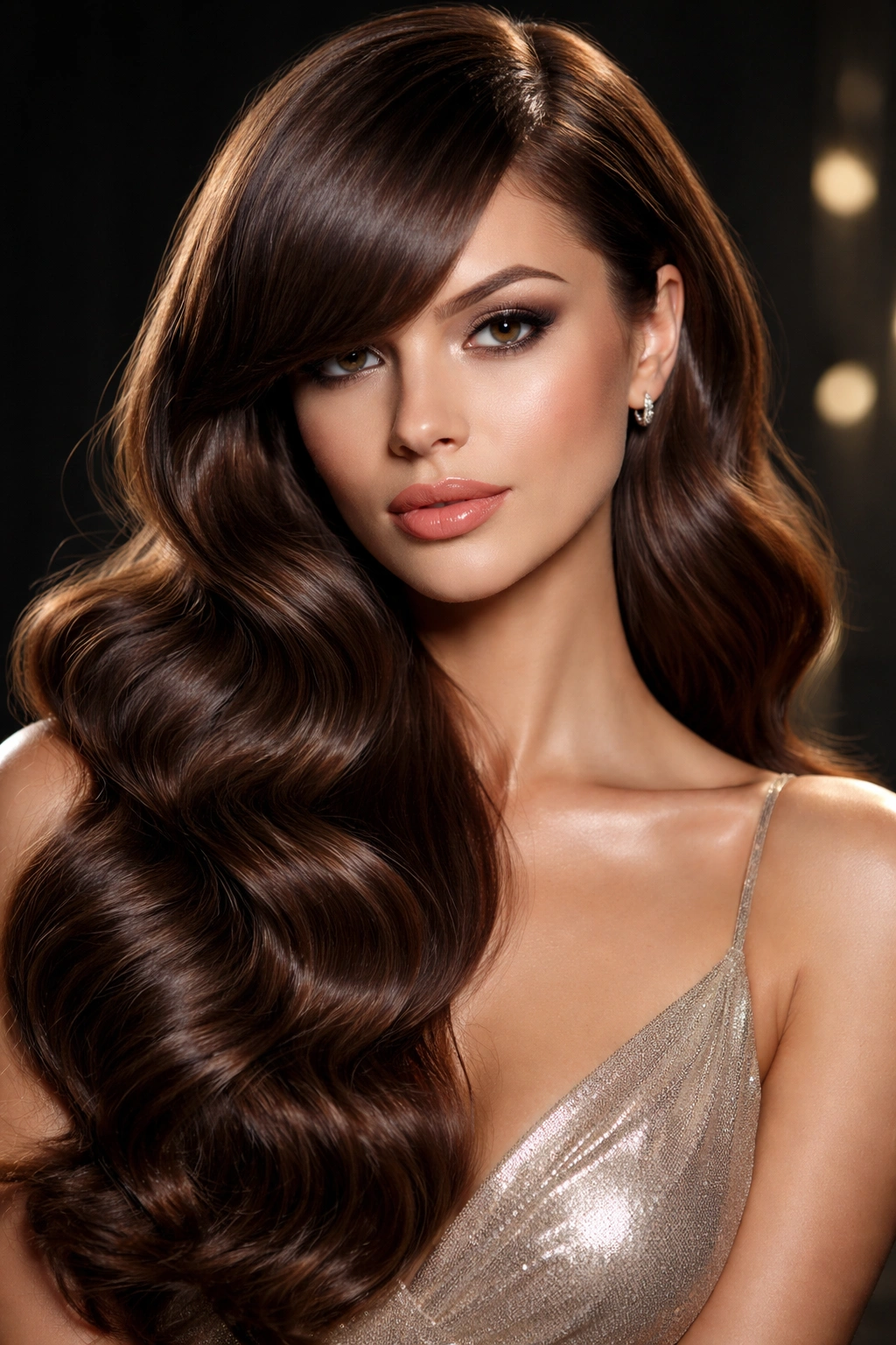 Glamorous Hollywood waves with sleek blunt side bangs in studio lighting