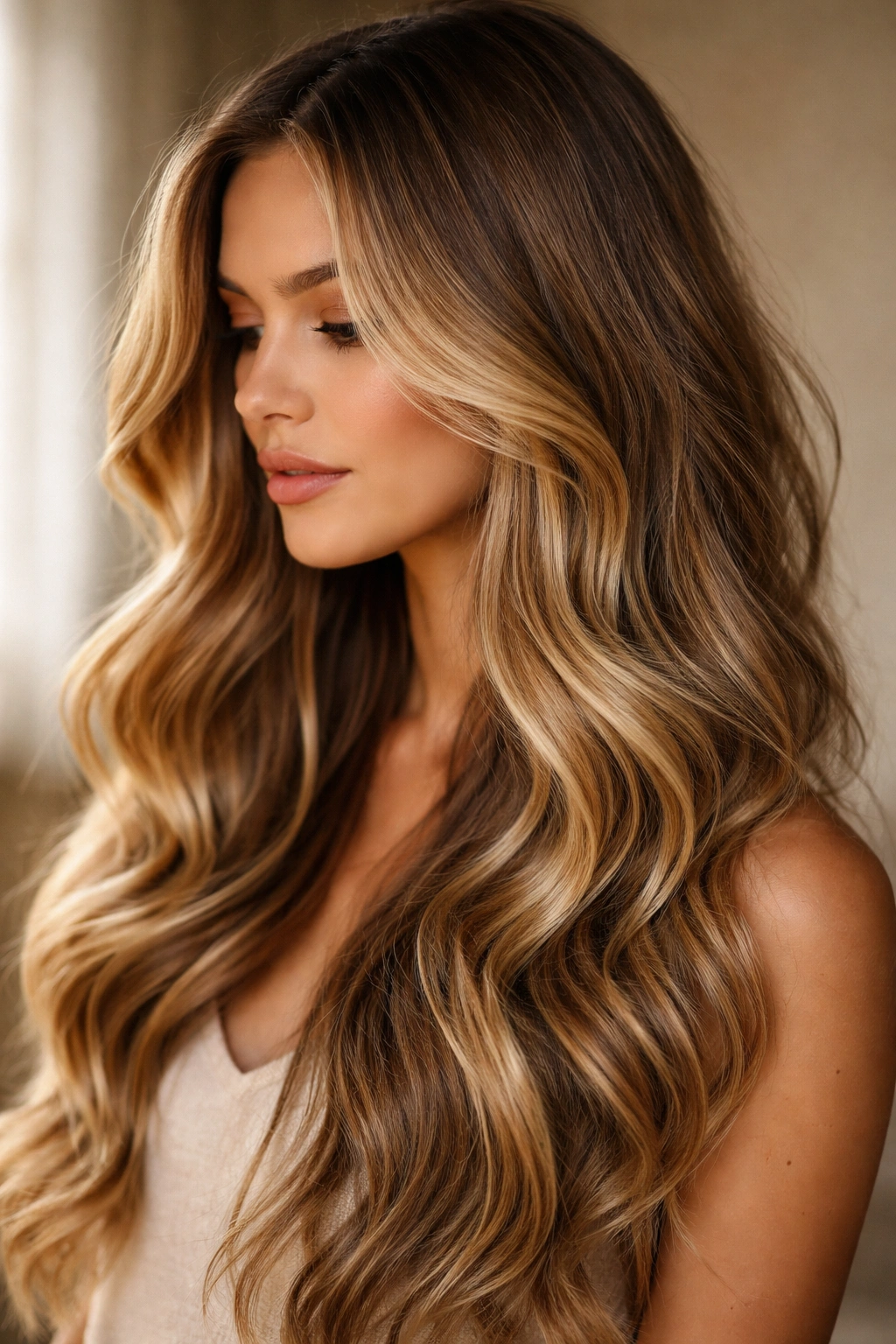 Close-up of long wavy hair showing honey balayage around the face.