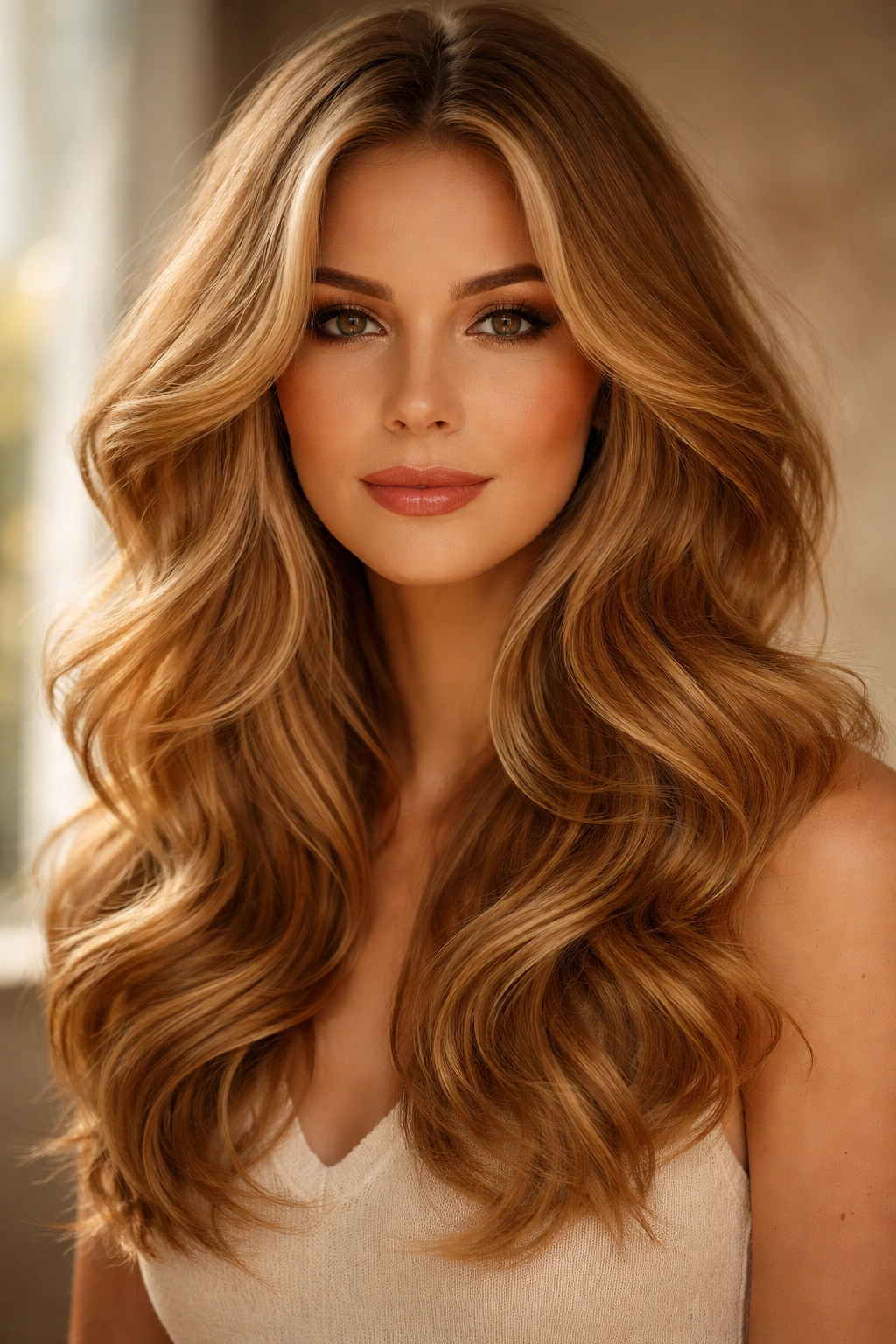 Honey blonde butterfly cut with warm dimensional waves