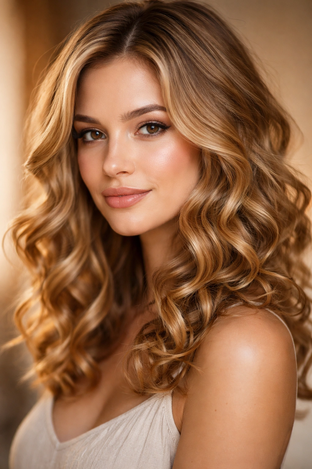 Shoulder-length honey blonde hair with loose romantic spiral curls