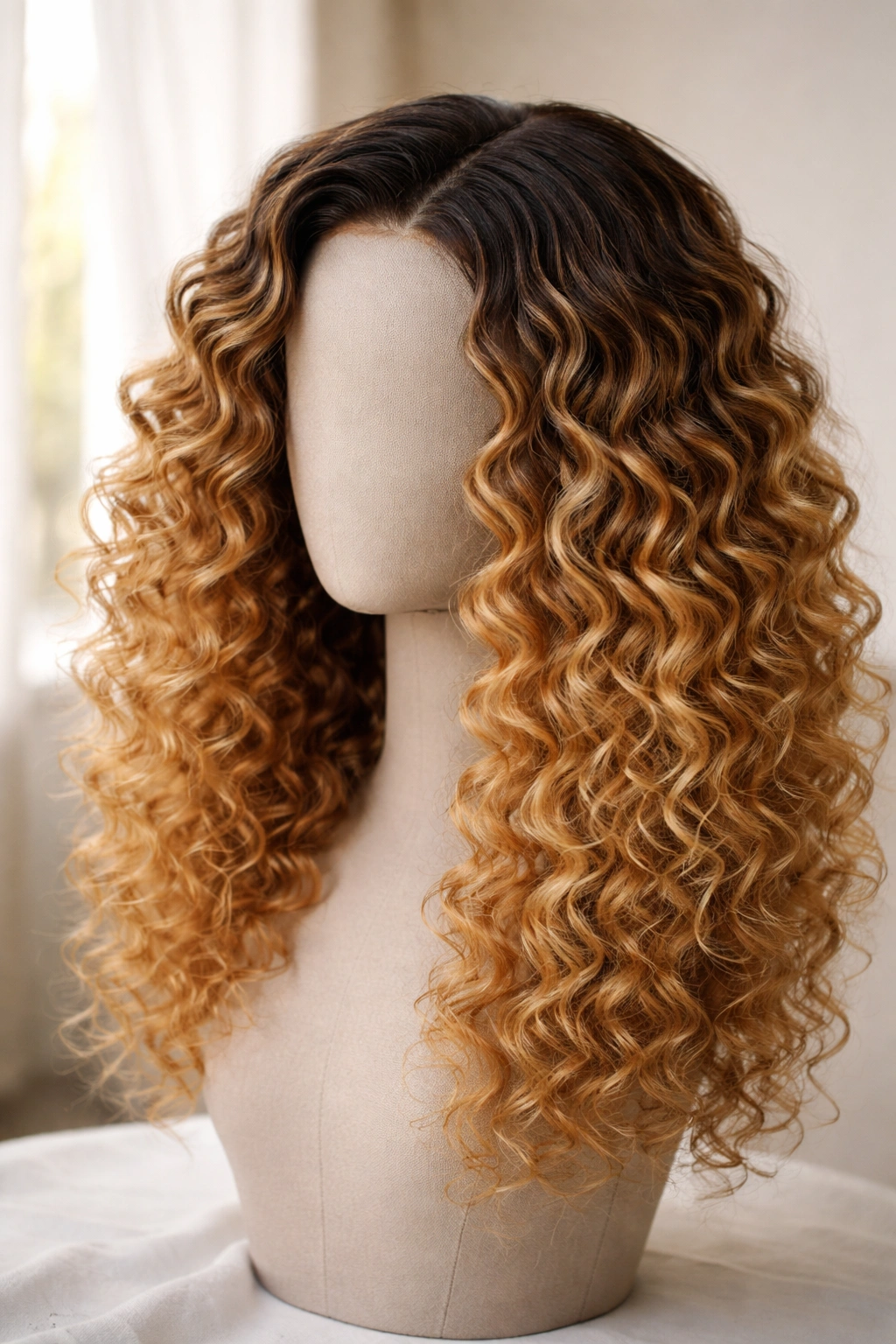 Honey blonde curly ombre wig with dark roots on a mannequin head in studio lighting.
