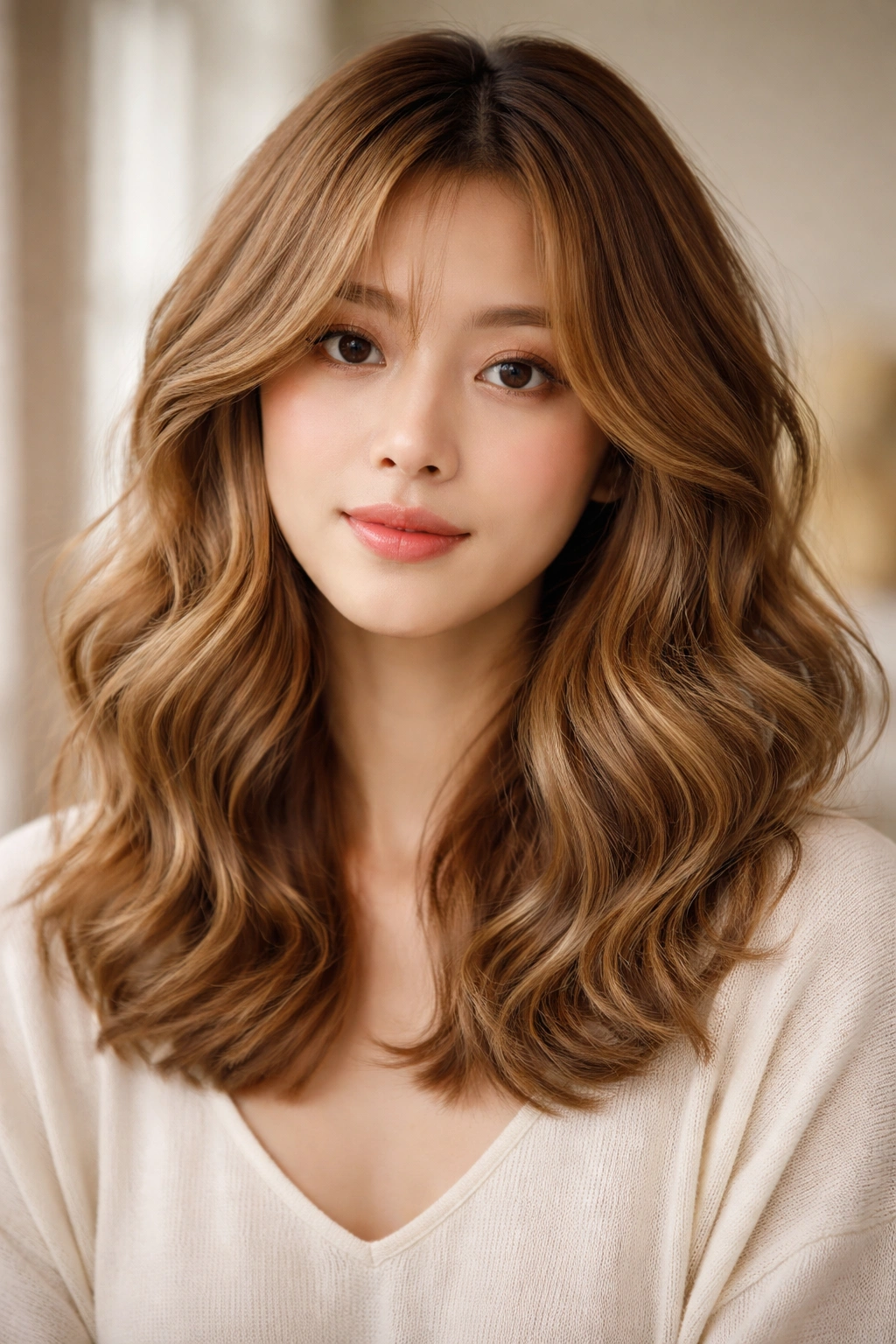 Honey blonde perm waves with dimensional highlights and root shadow.