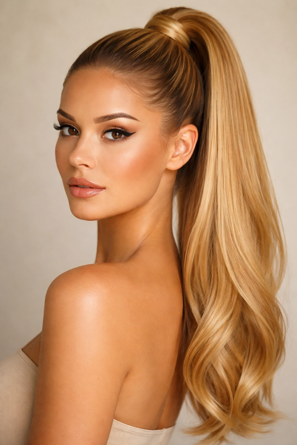 Close-up of honey blonde sleek ponytail with high shine on neutral background