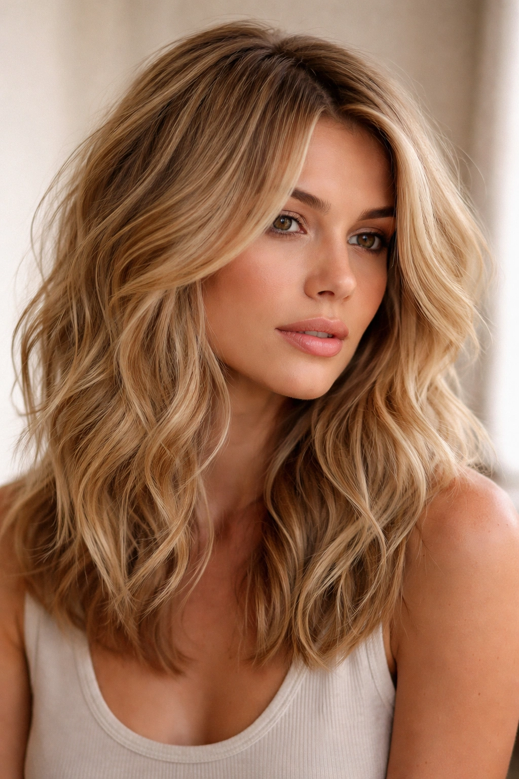 Close-up of shoulder-length buttery honey blonde waves with textured layers