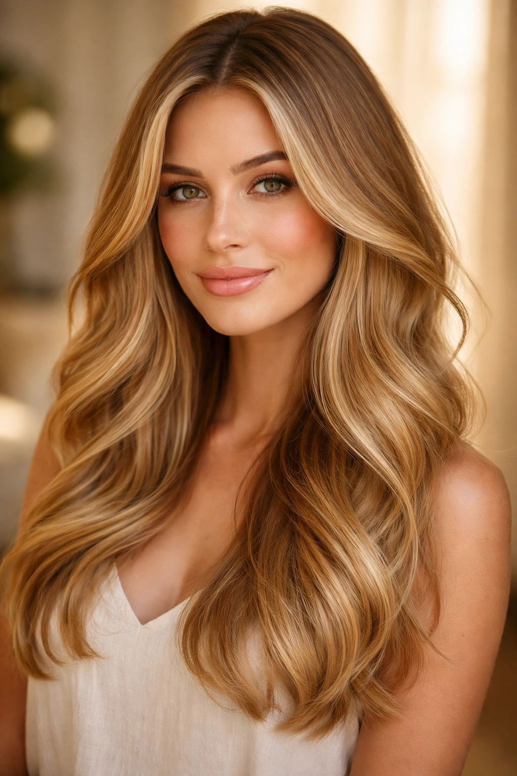 Long honey-blonde hair with soft waves and face-framing pieces.