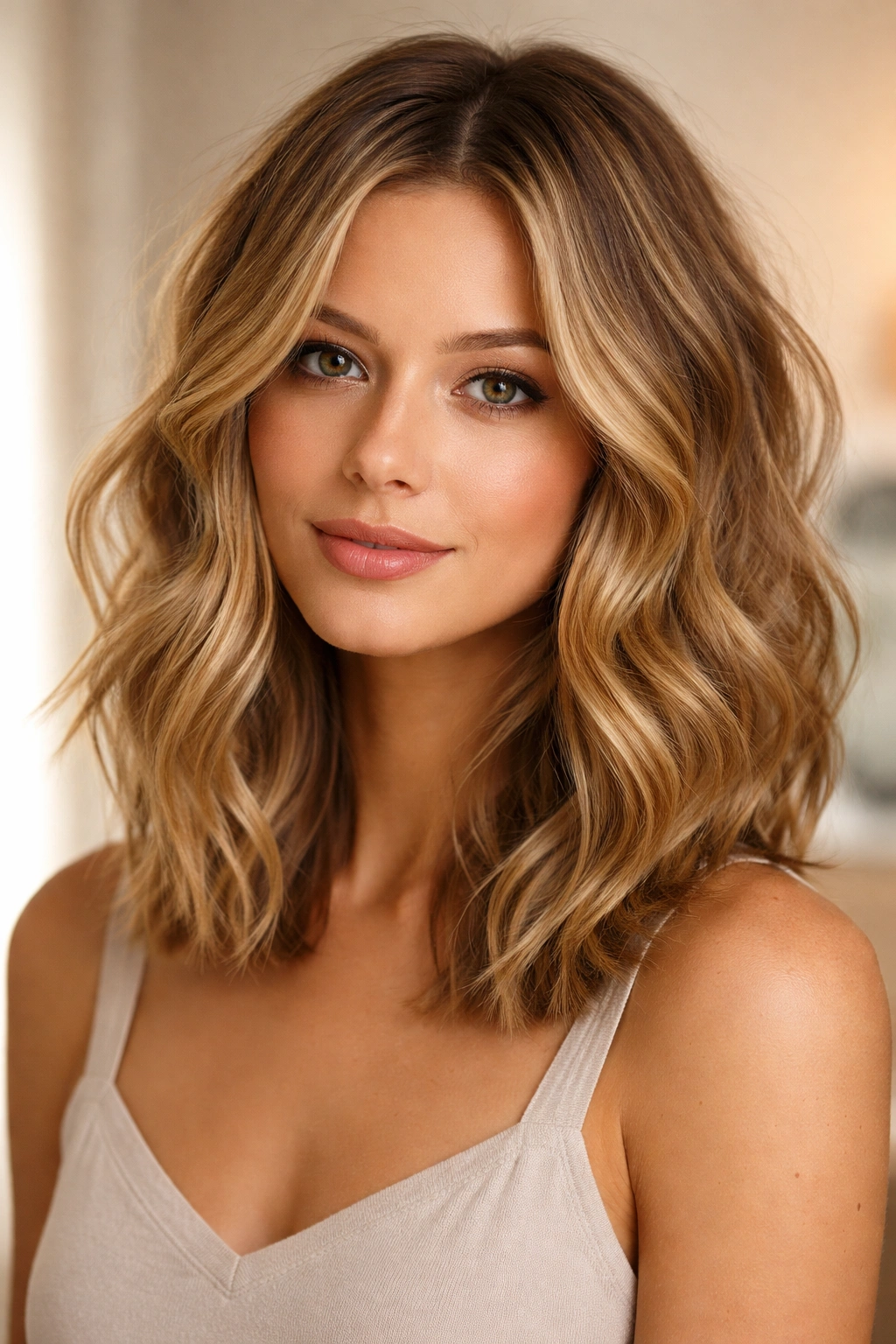 Shoulder-length wavy lob with warm honey-blonde highlights