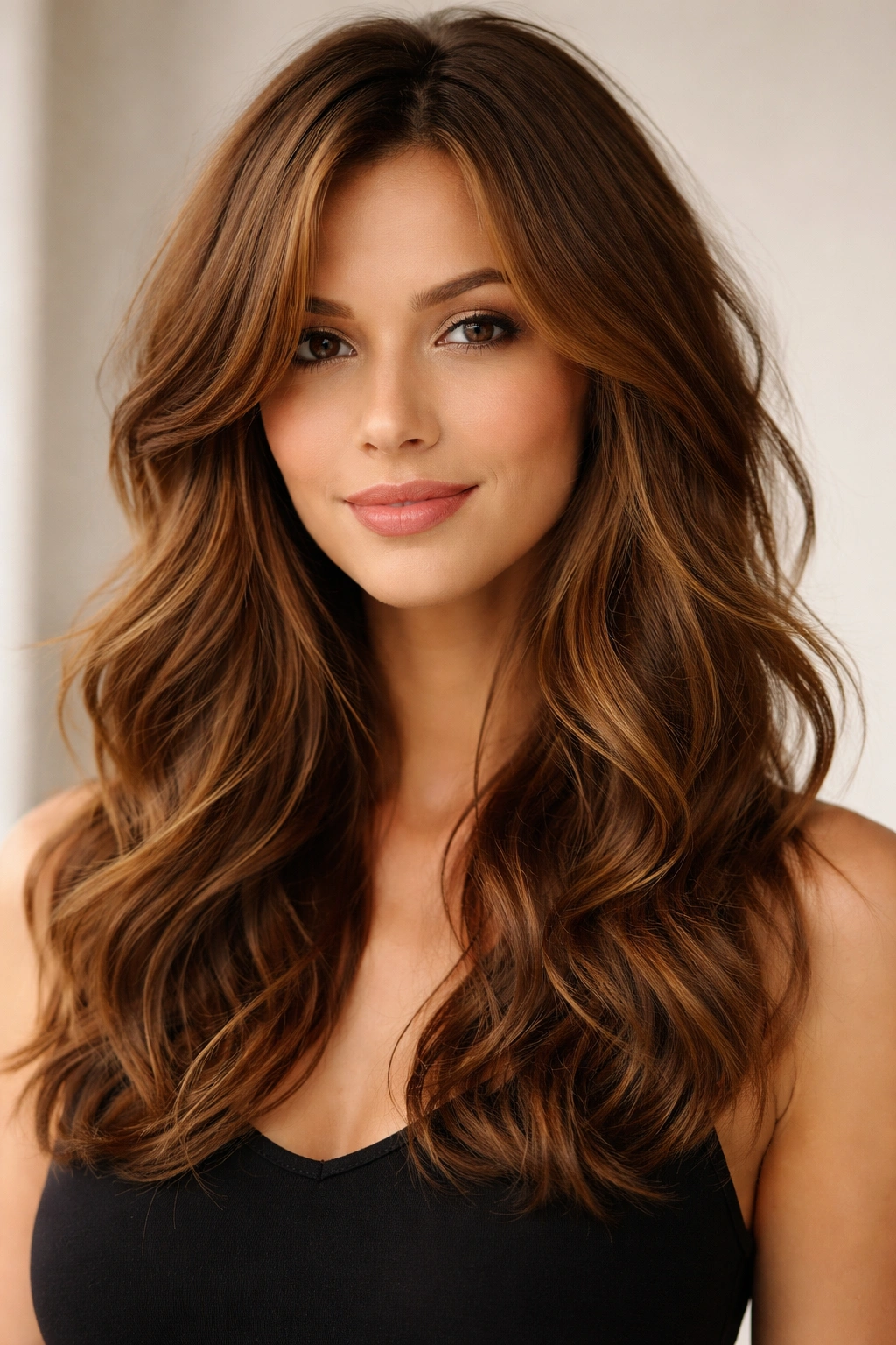 Honey brown layered waves with even movement across the head.