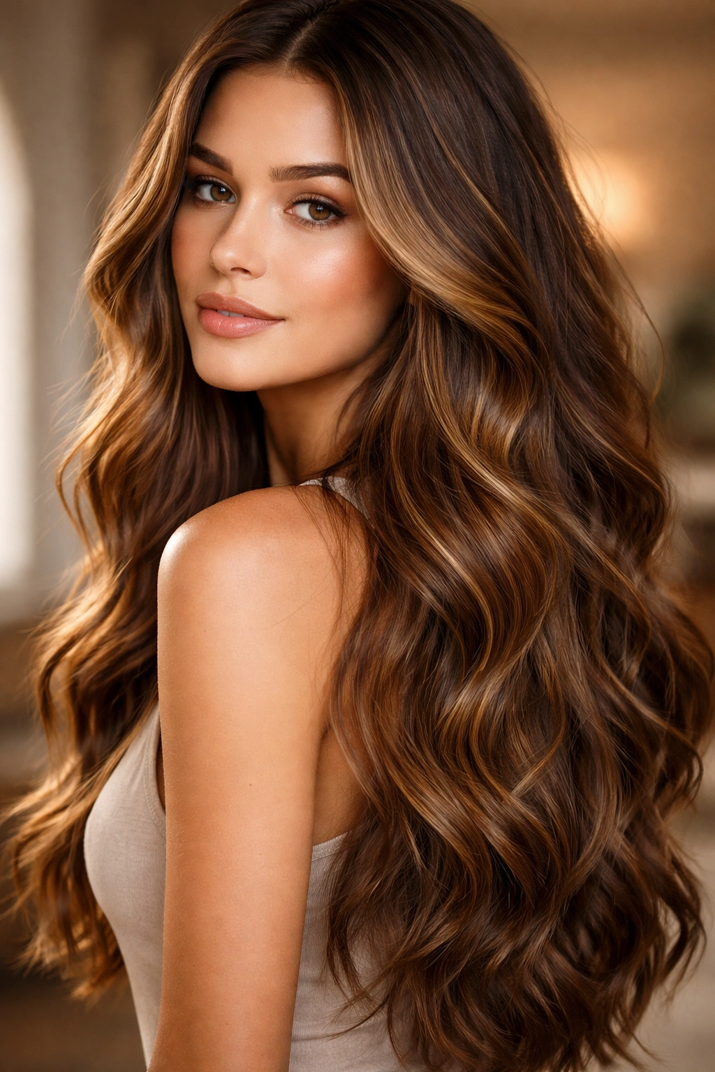 Honey-kissed brown hair with lived-in waves