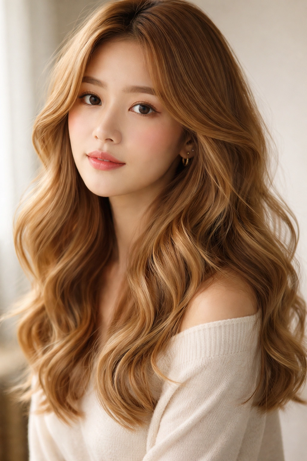 Model with honey butter waves in warm honey-blonde tones.