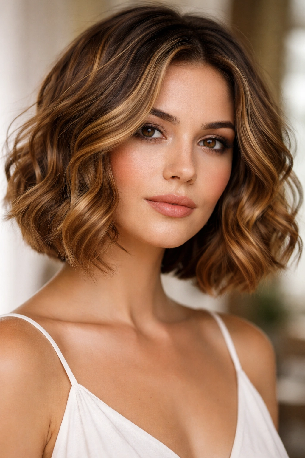 Honey-highlighted Wavy Italian Bob with dimensional highlights