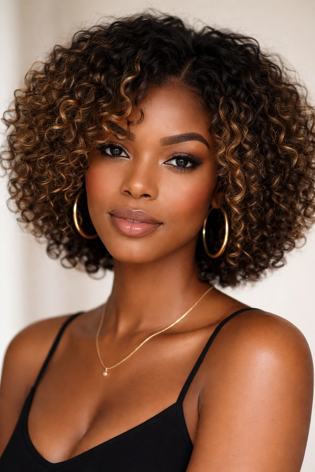 Close-up portrait of a person with honey-highlighted textured Afro Bob around the temples.