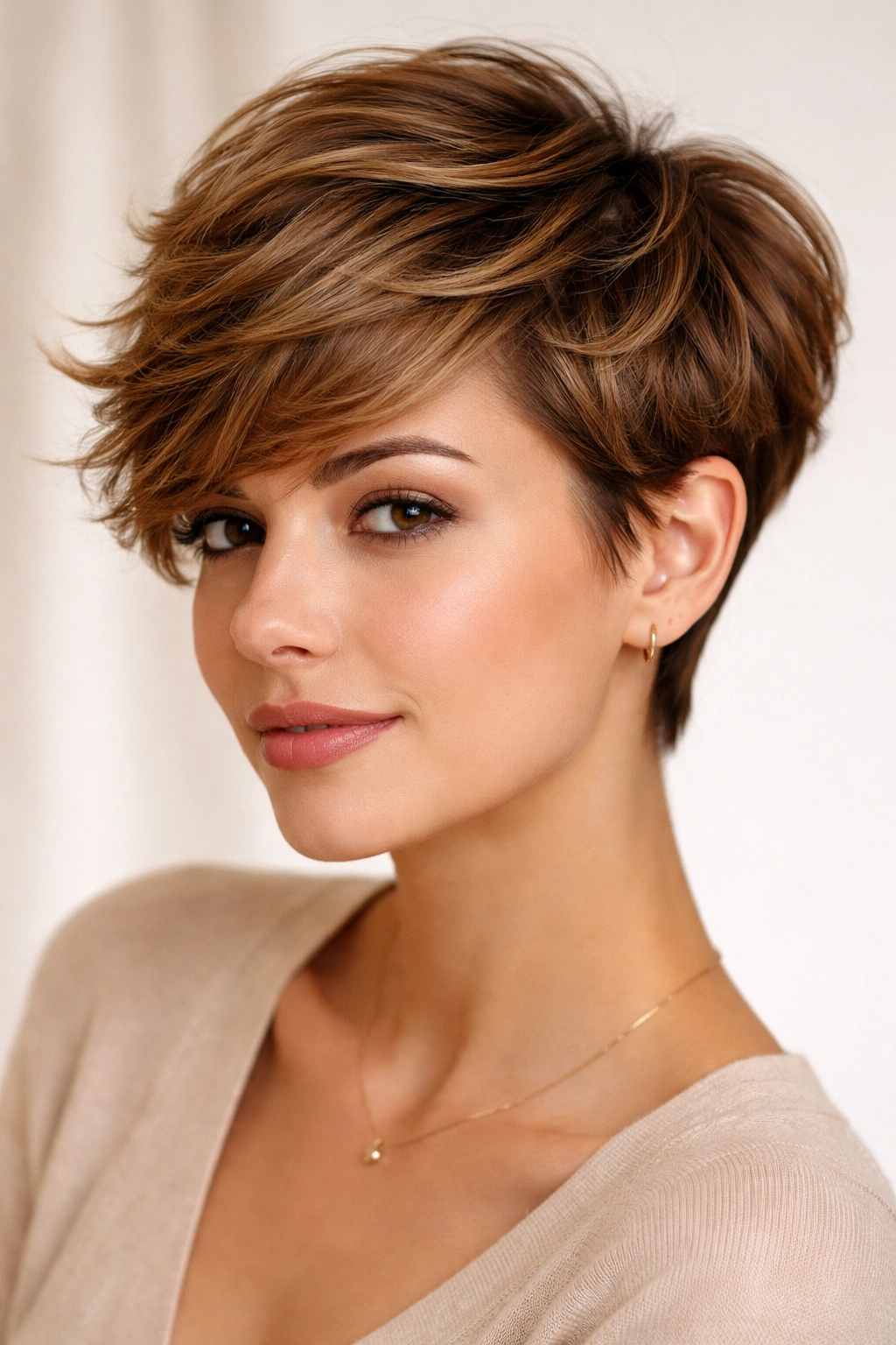 Honey-toned layered pixie waves with warm brown color and soft texture.