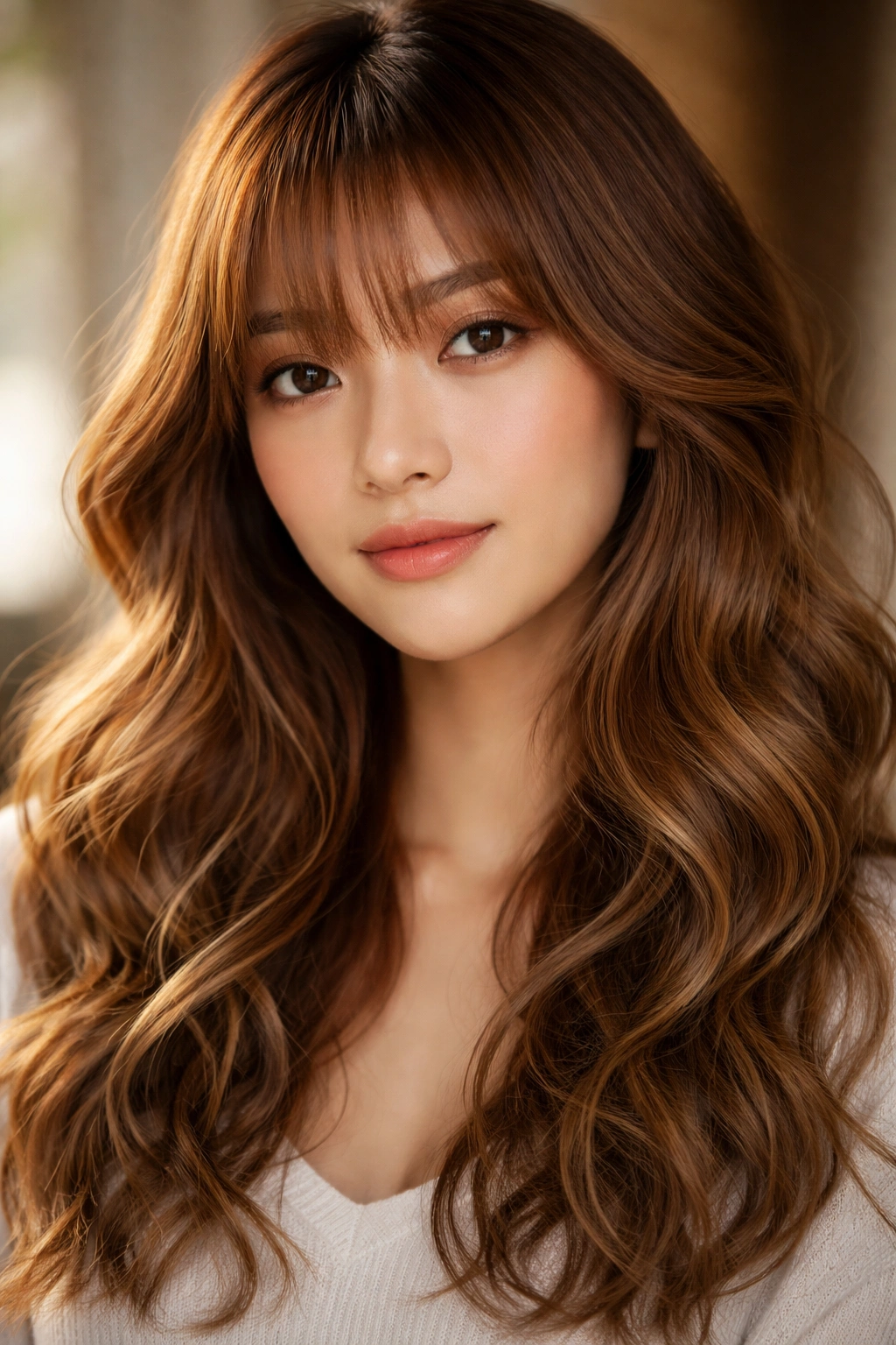 Close-up portrait with honey-toned bangs and textured waves showing dimensional color.