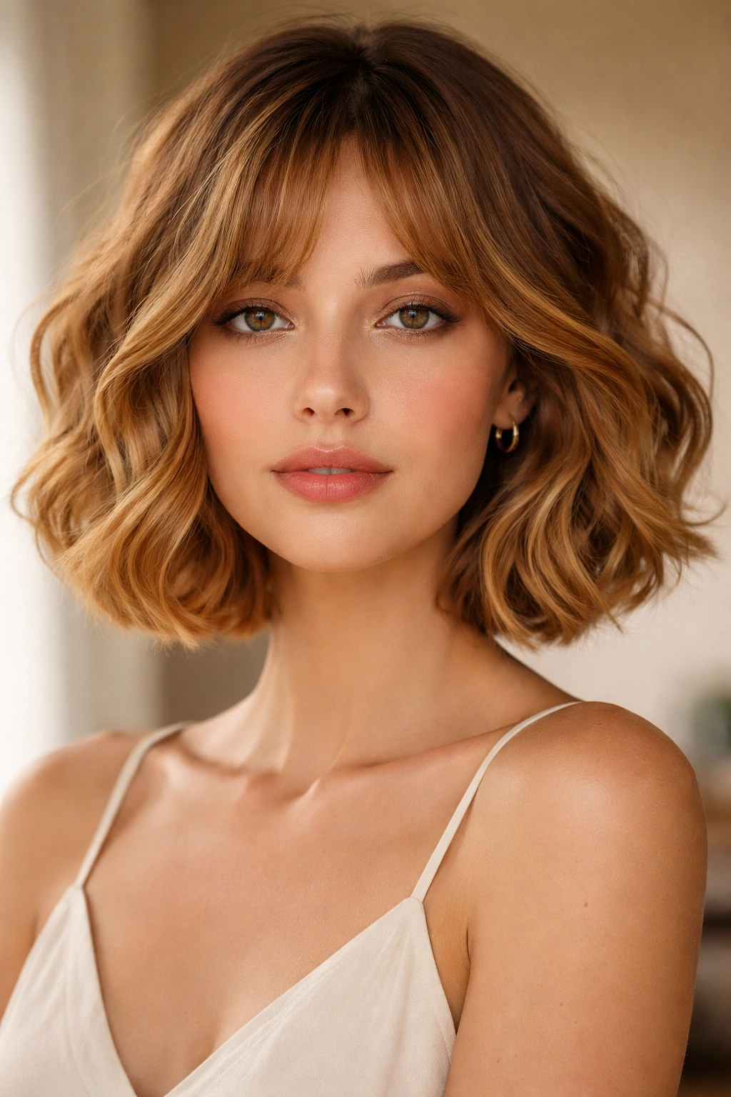 Honey-toned wavy French bob with warm golden highlights in studio
