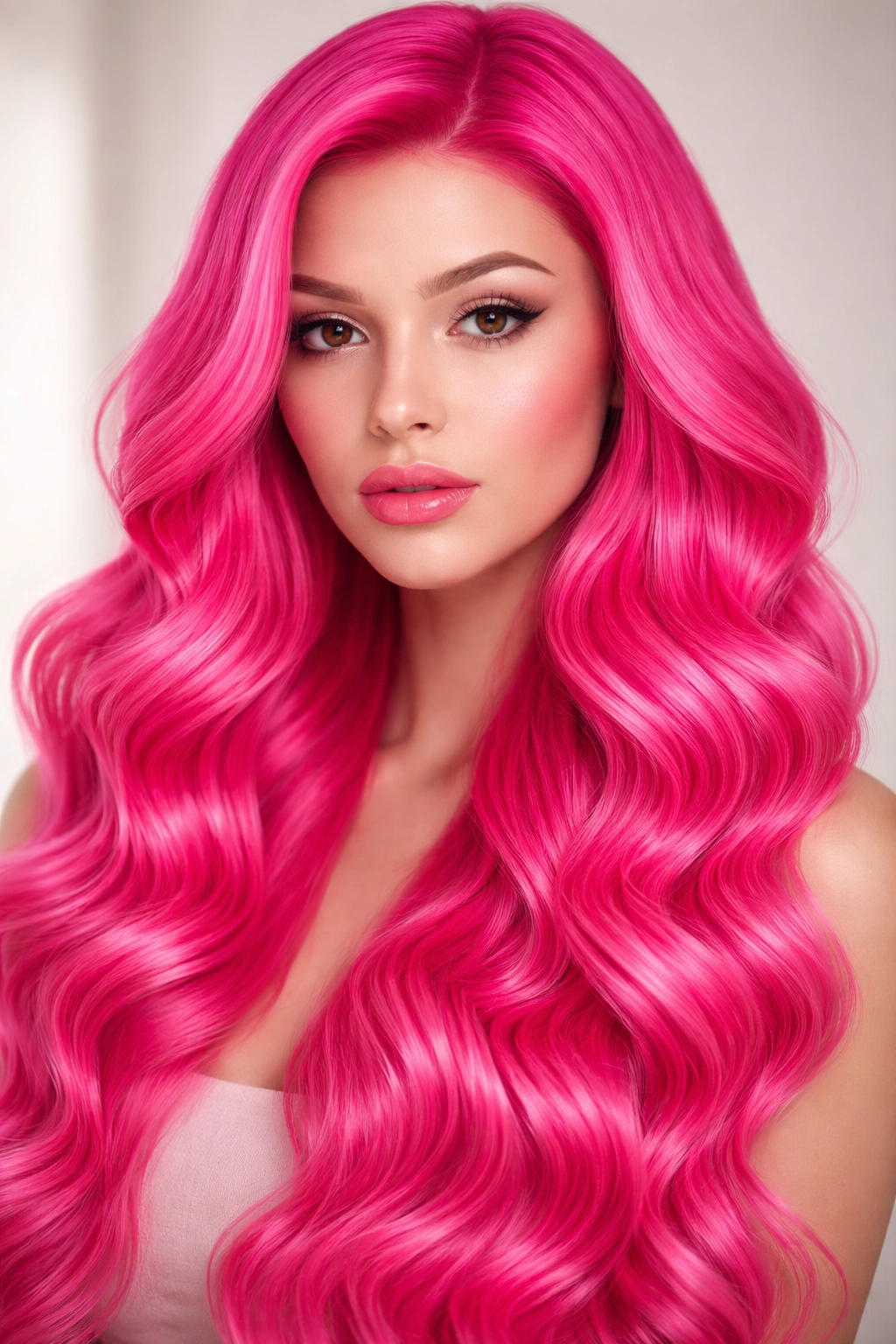 Hot pink mermaid waves with defined S-curves and glossy finish