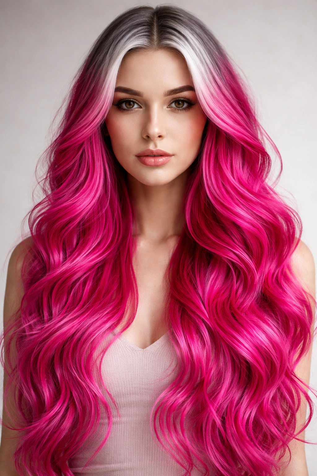 Hot pink hair with silver roots in long, wavy style in studio lighting