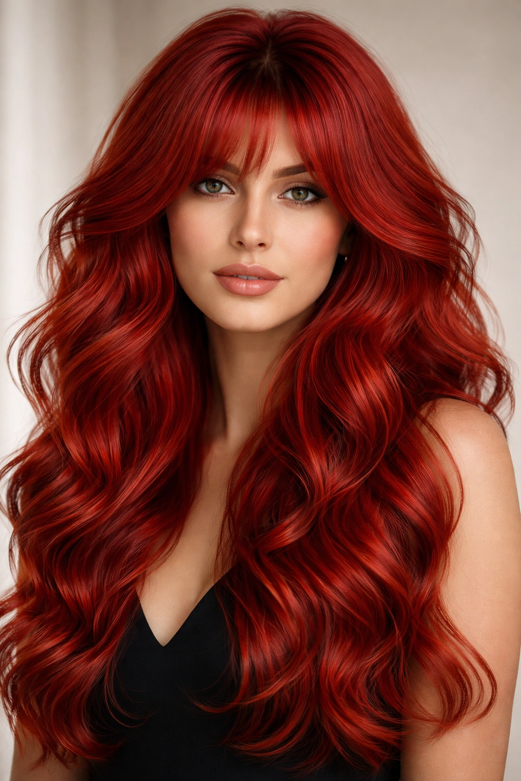 Hot red hair with curtain bangs and high-volume waves.