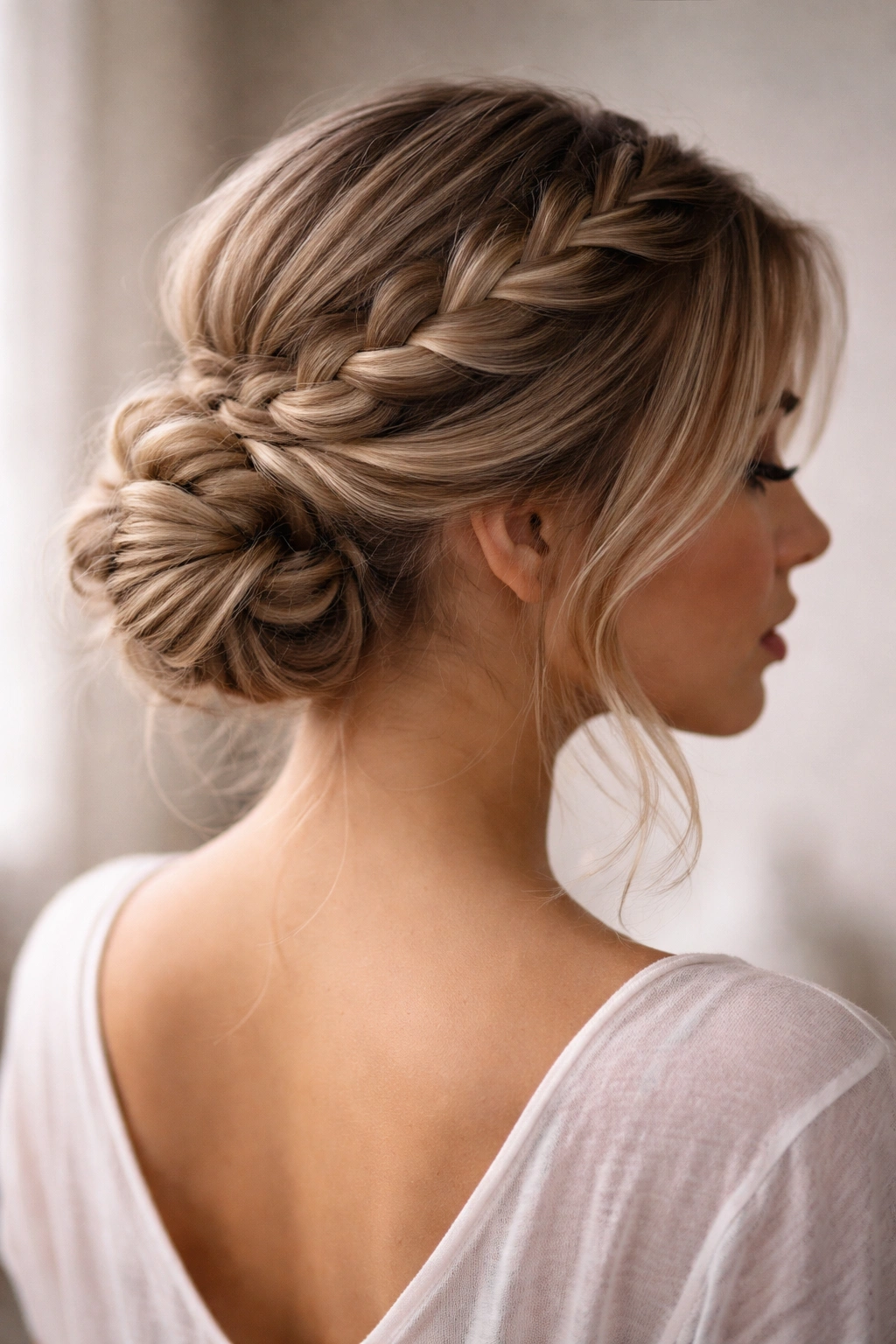 Portrait of a person with a crown braid flowing into a low bun and textured loose strands.