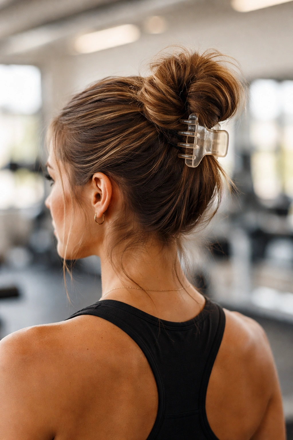 Close-up of a high bun secured with elastic and claw clip for secure workout hold