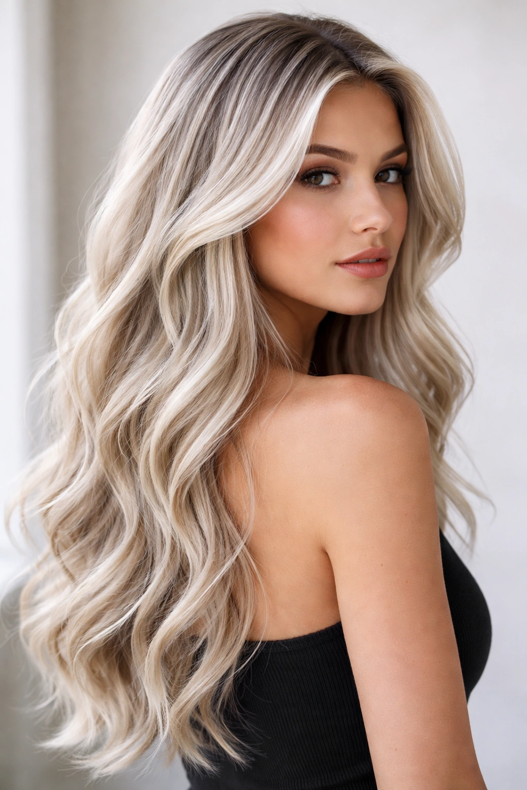 Loose waves with icy blonde highlights creating a modern cool-toned look