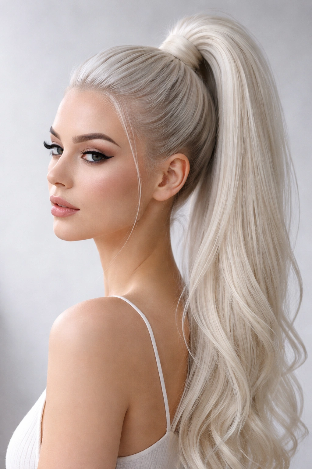 Icy platinum high ponytail with cool silvery tones under studio lighting