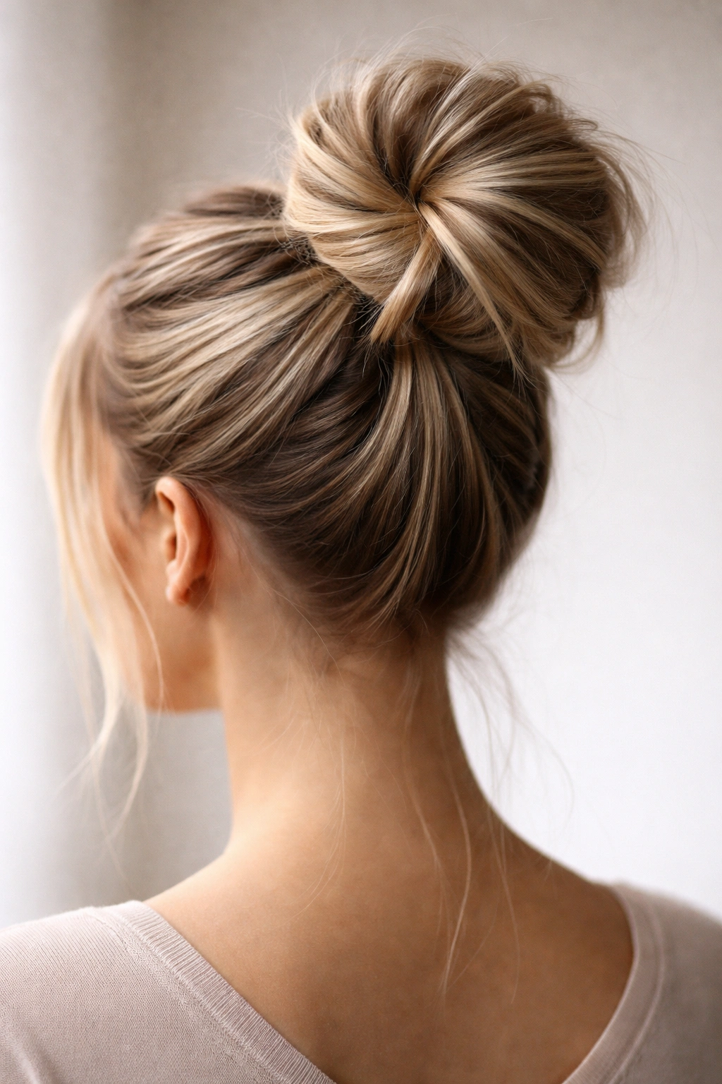 Inside-out bun showing crisscross inner texture on straight hair