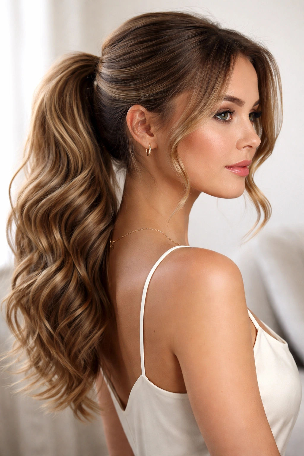 Polished wave ponytail with defined face-framing waves