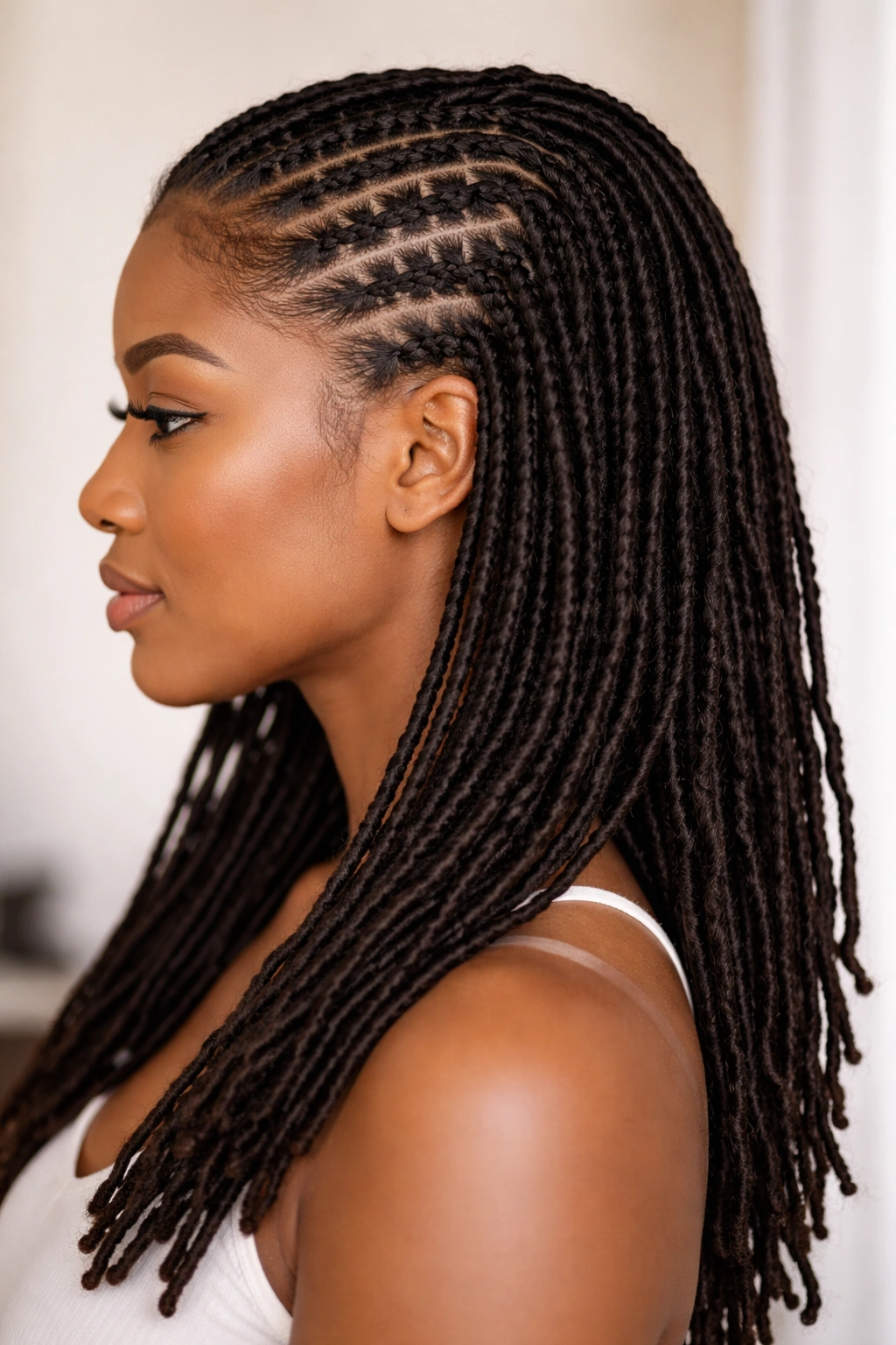 Close-up side profile of Interlocked Locs with a neat pattern