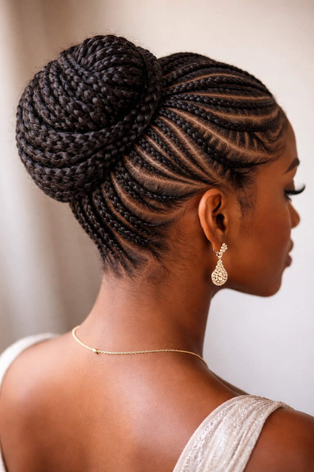 Close-up of intricate cornrow patterns converging into a bun