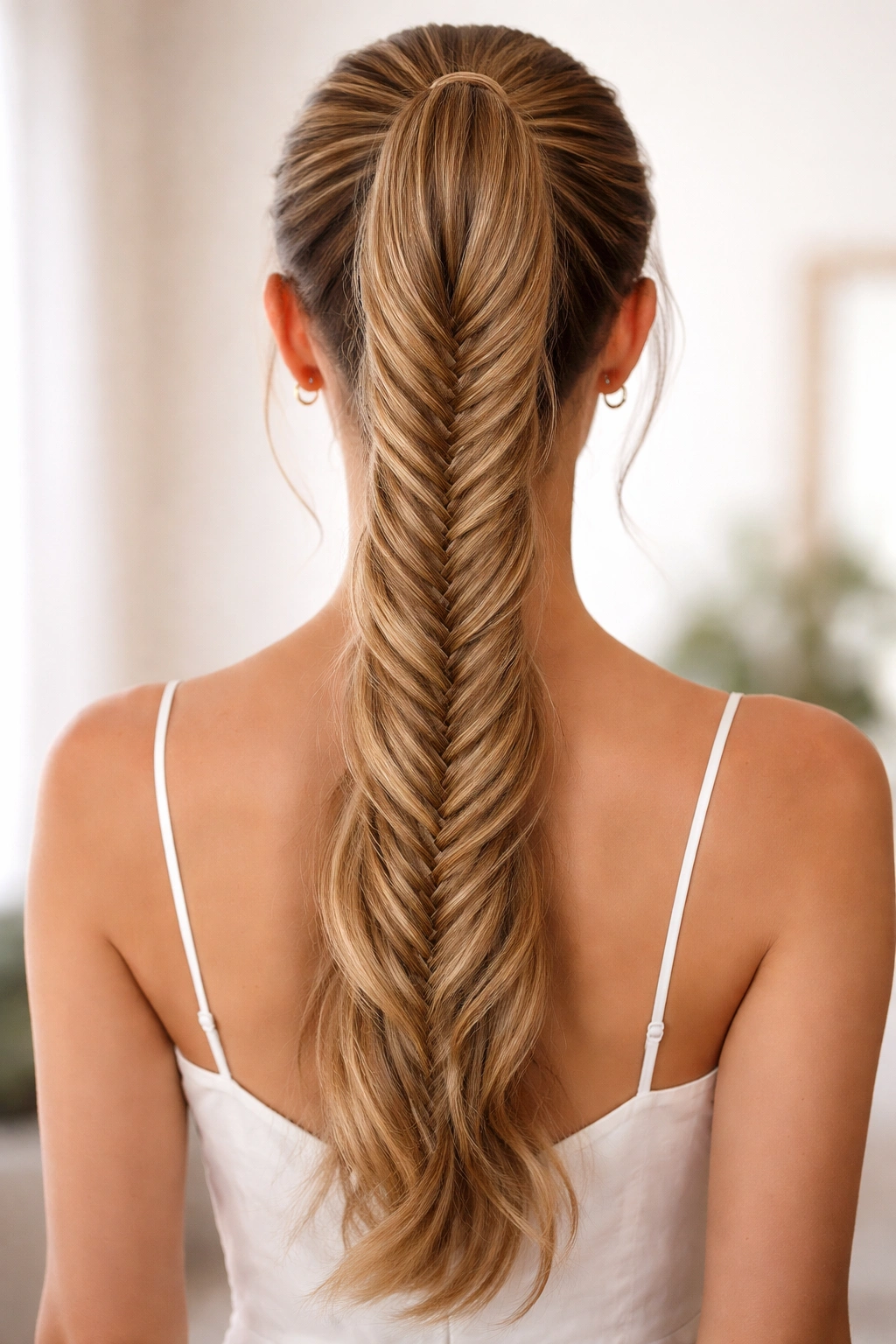 Back view of a high ponytail with a detailed fishtail braid.