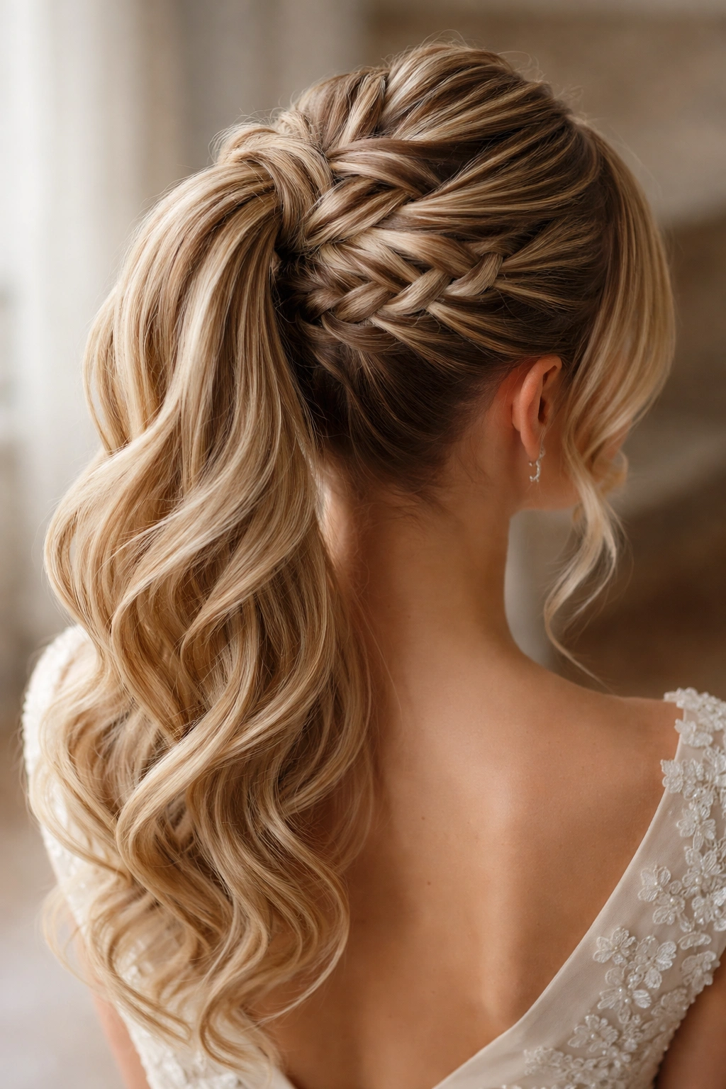 Close-up of an intricate woven updo ponytail showing braided weave patterns