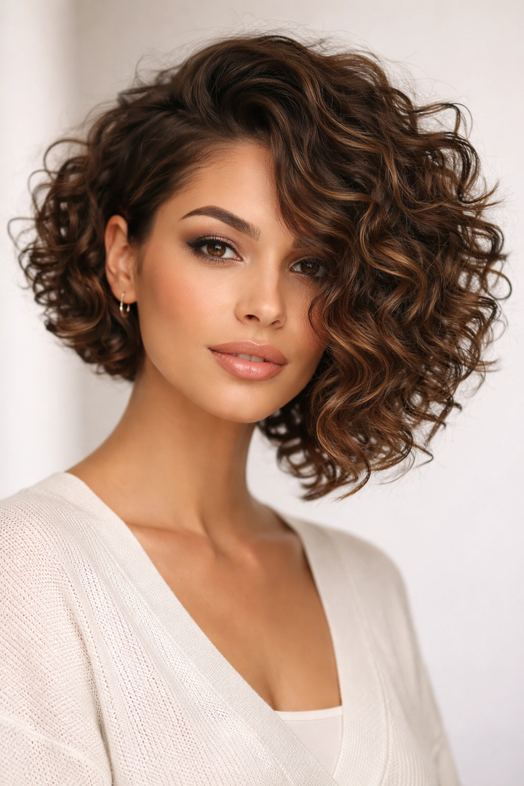 Close-up of a curly-haired model with a side-swept inverted bob and dramatic face-framing curls