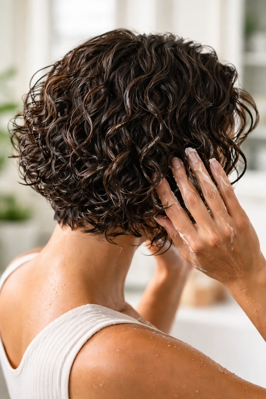 Hands applying curl cream to a damp inverted bob in a bathroom setting