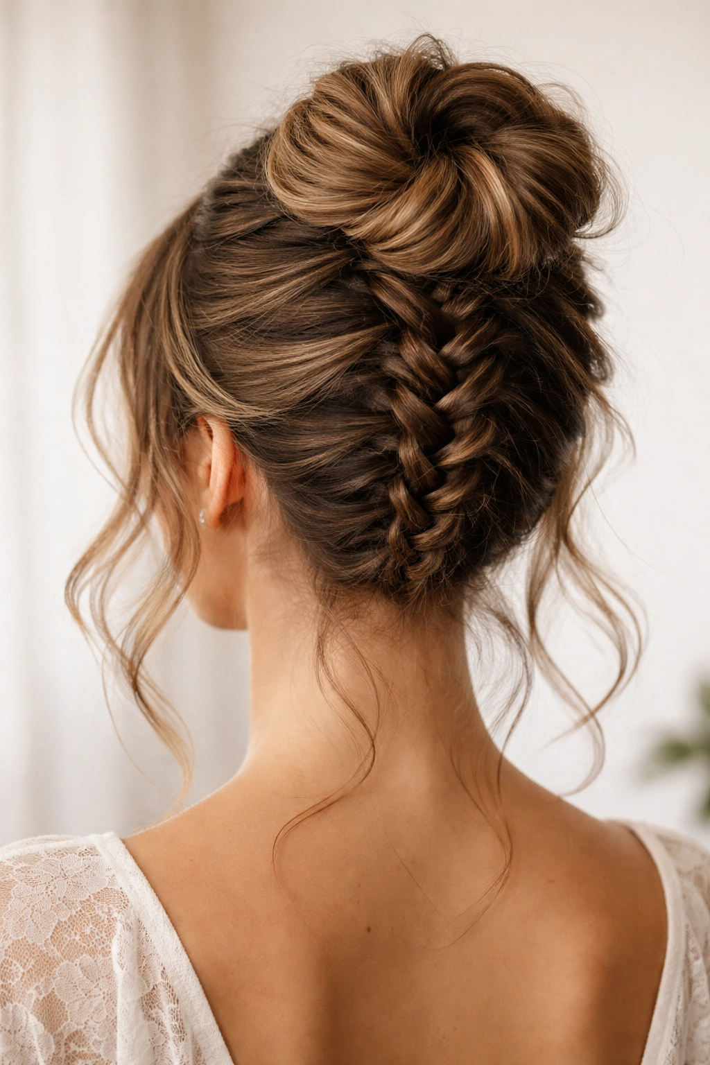 Inverted braid bun rising to crown with waves framing face