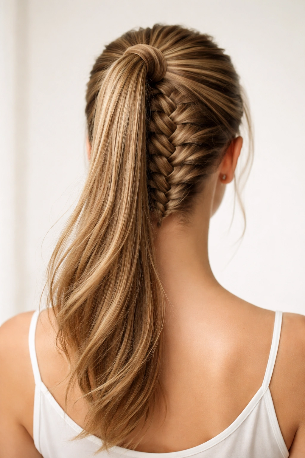 Rear view of inverted braid along the nape leading into a high ponytail